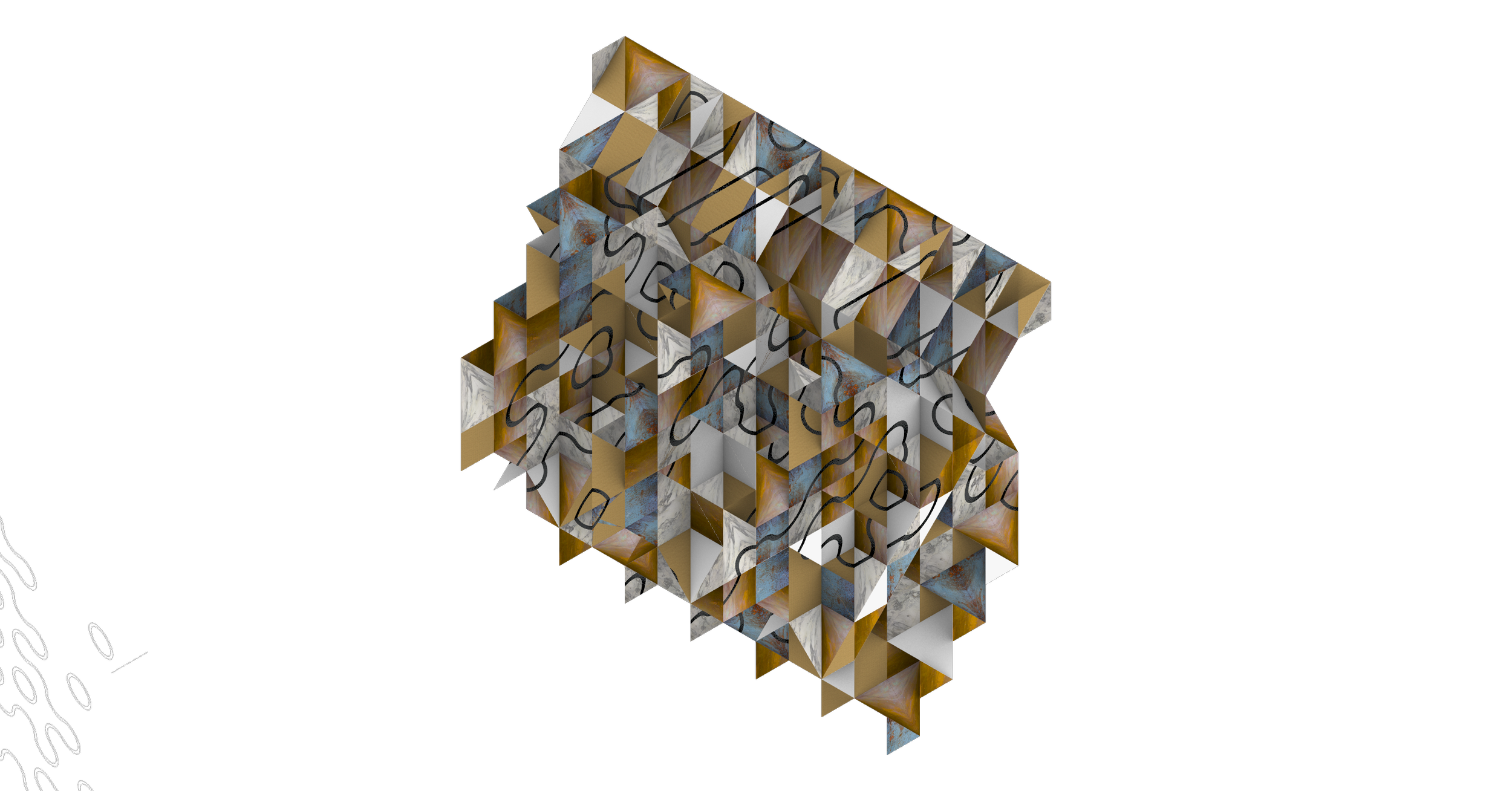 3D abstract geometric structure composed of small, triangular and square panels with mixed textures and patterns, including marble, wood, and painted surface with black lines, set against a black background.