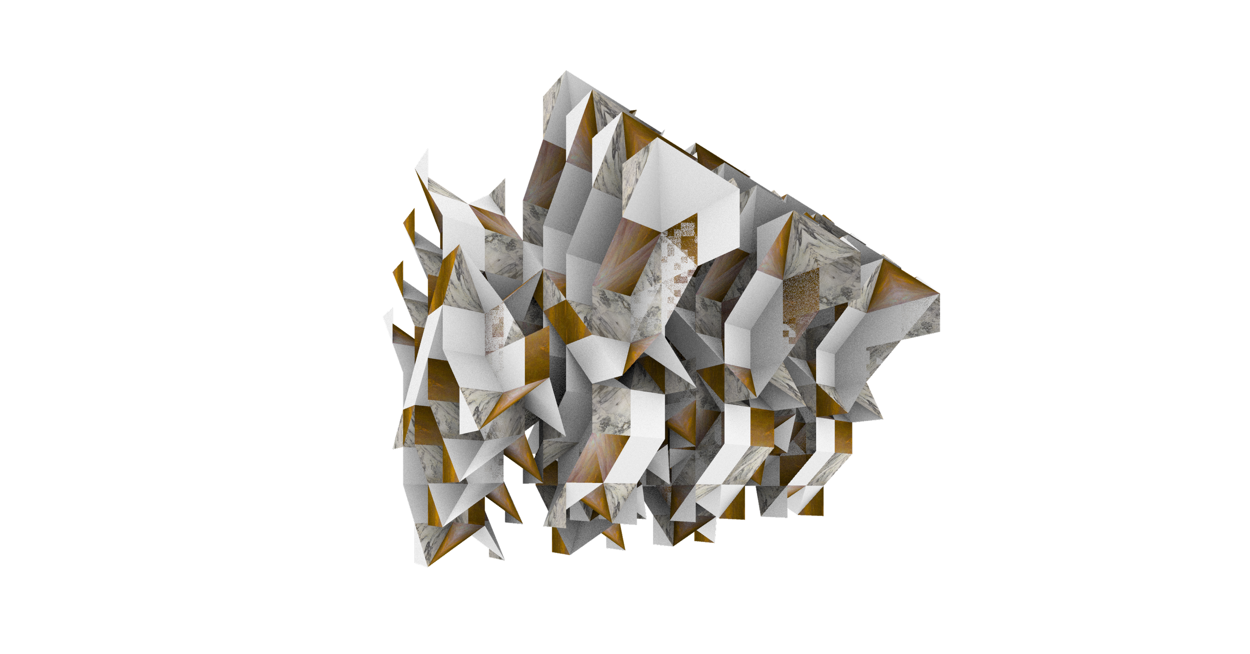 Abstract geometric sculpture with white, gold, gray, and marble textures on a black background.