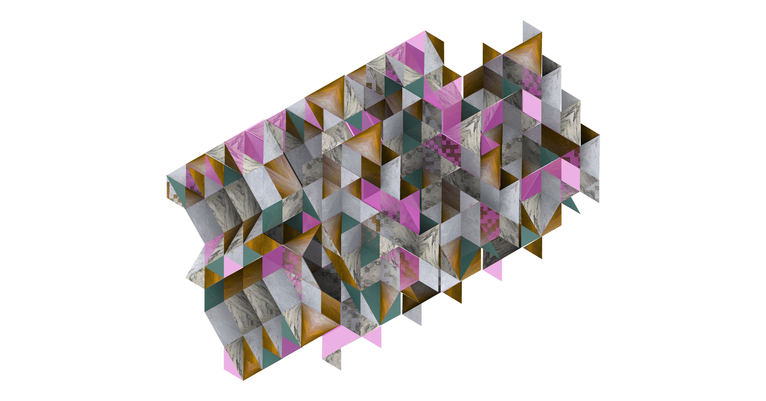 A three-dimensional cube made of smaller, colorful triangular and square panels with various patterns and textures, set against a black background.
