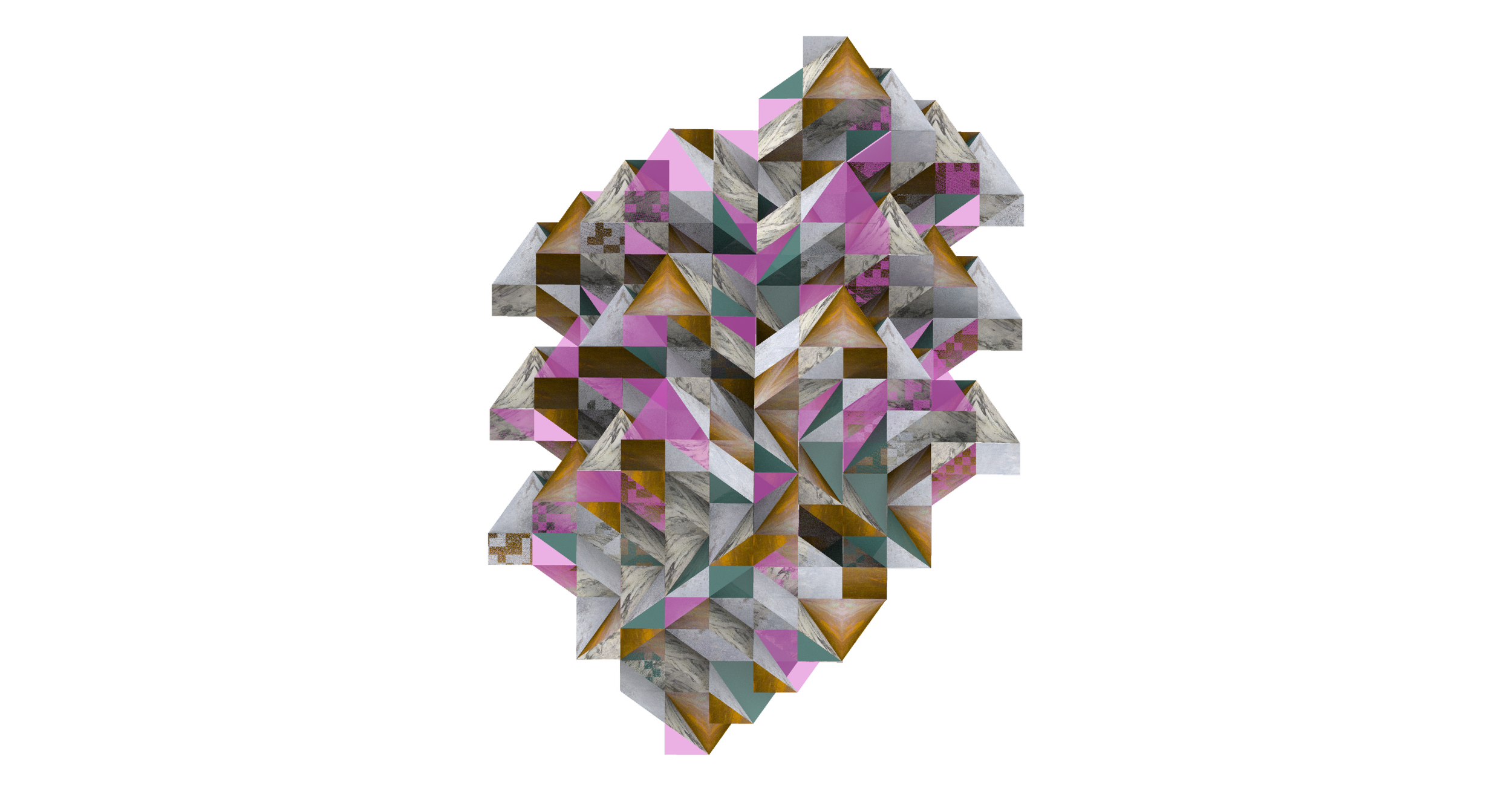 Abstract geometric 3D pyramid composed of colorful triangles, squares, and textured surfaces, set against a black background.