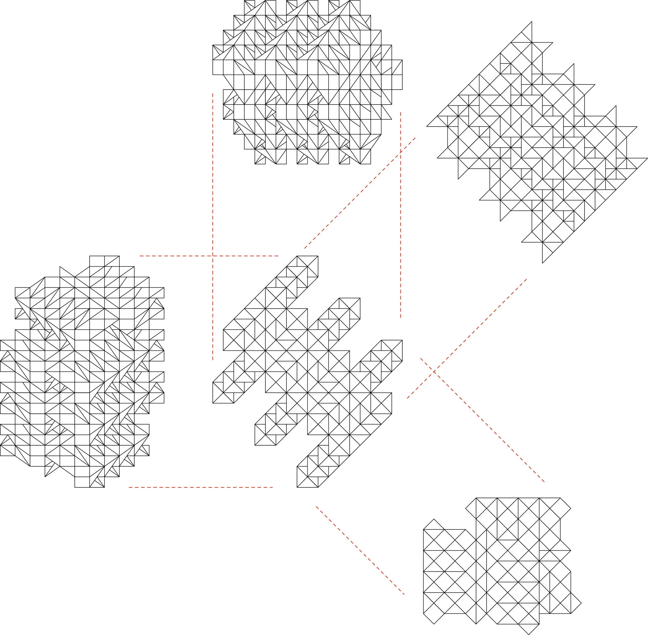 A black and white geometric pattern composed of connected triangles, squares, and rectangles.