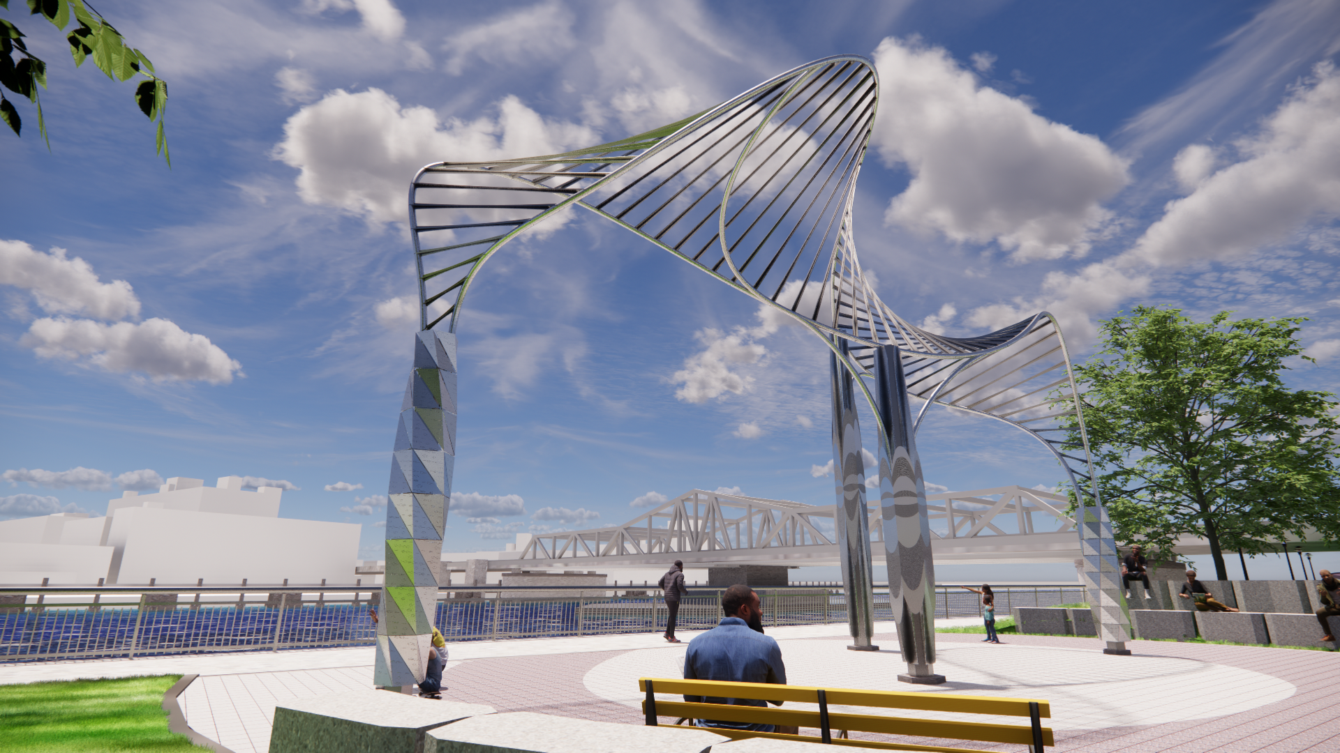 A modern outdoor sculpture with curved metallic slats forming a wave-like structure, set in a park with benches, trees, and a bridge in the background under a partly cloudy sky.