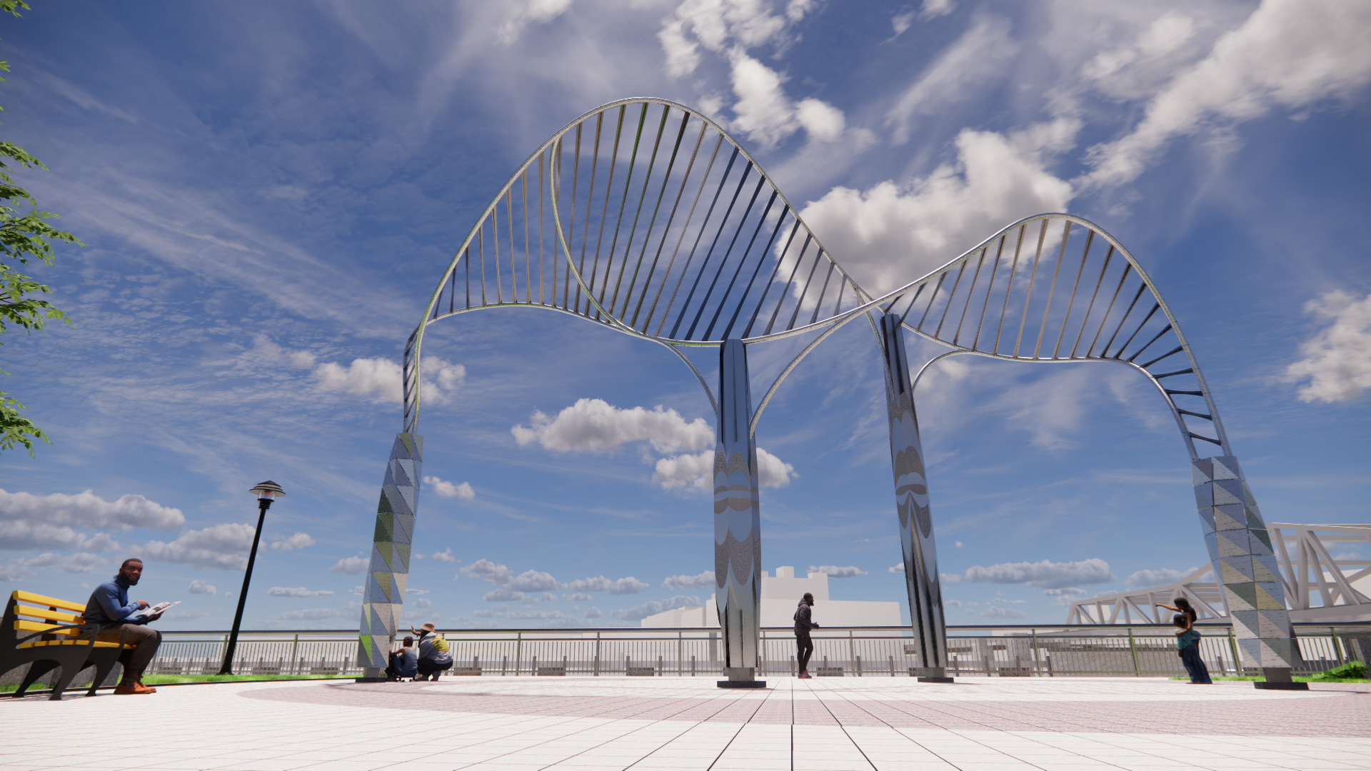 A modern art sculpture resembling a butterfly, made of metallic ribbon-like structures, situated in an outdoor park with a paved walkway, benches, and people sitting or walking, under a partly cloudy sky.