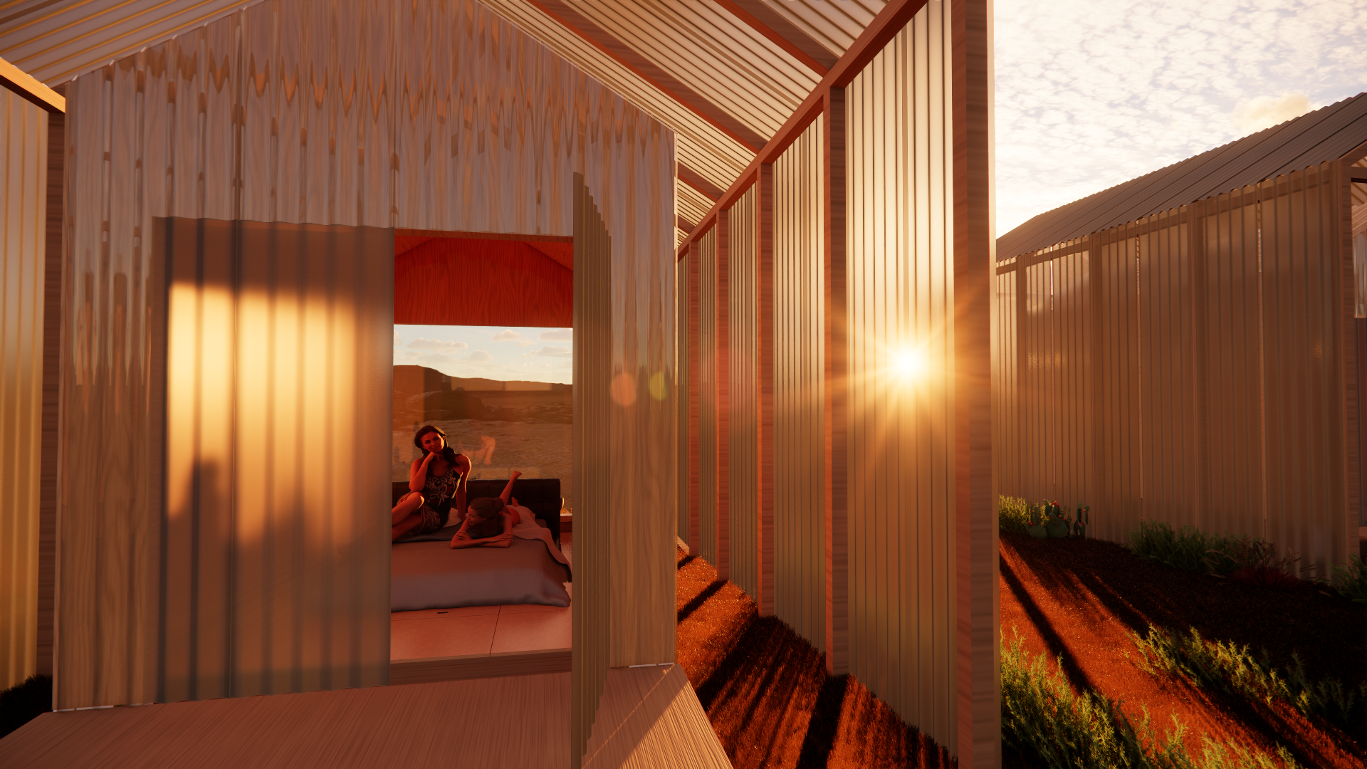 A modern field of tiny buildings with wooden walls and slanted metal roofs at sunset. Inside one building, a woman and a child are sitting on a bed inside a cozy room with a window showing a sunset landscape.
