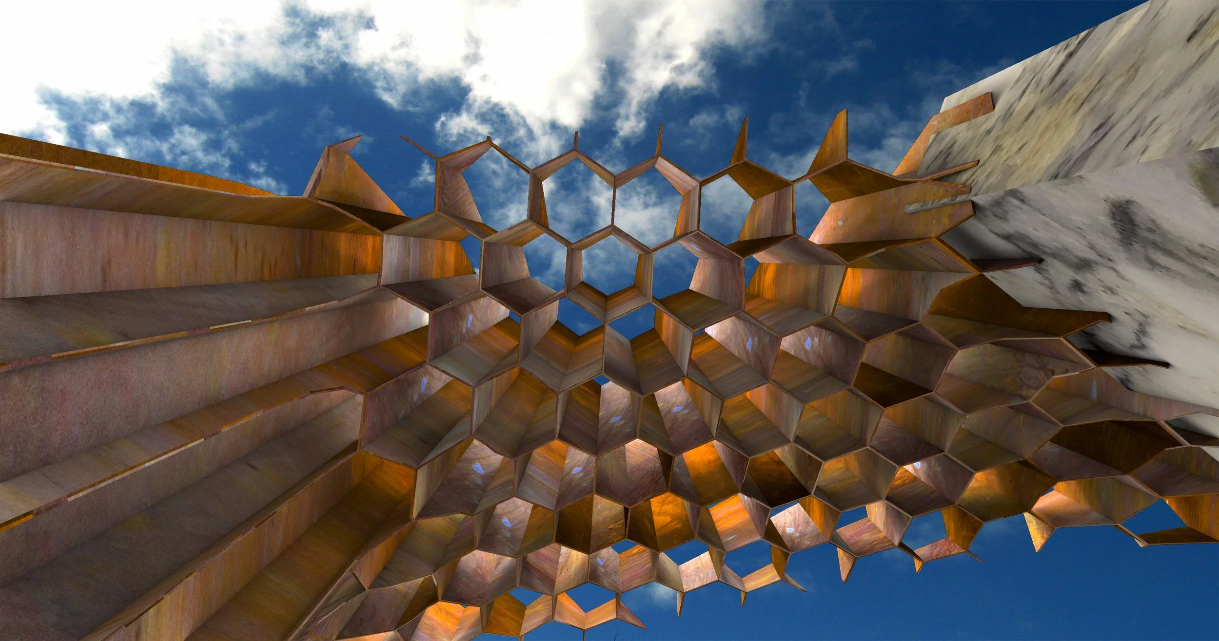 Close-up view of a honeycomb-shaped architectural structure made of rust-colored metal, with a backdrop of blue sky and white clouds.