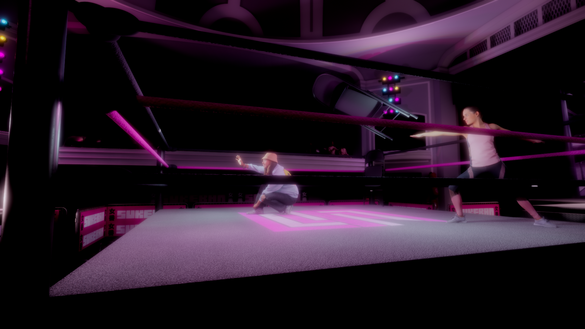 Digital art of two women practicing yoga in a boxing ring under pink neon lights, with a woman in a white tank top and leggings stretching her arms, and another seated woman wearing a hat and gray pants reaching out
