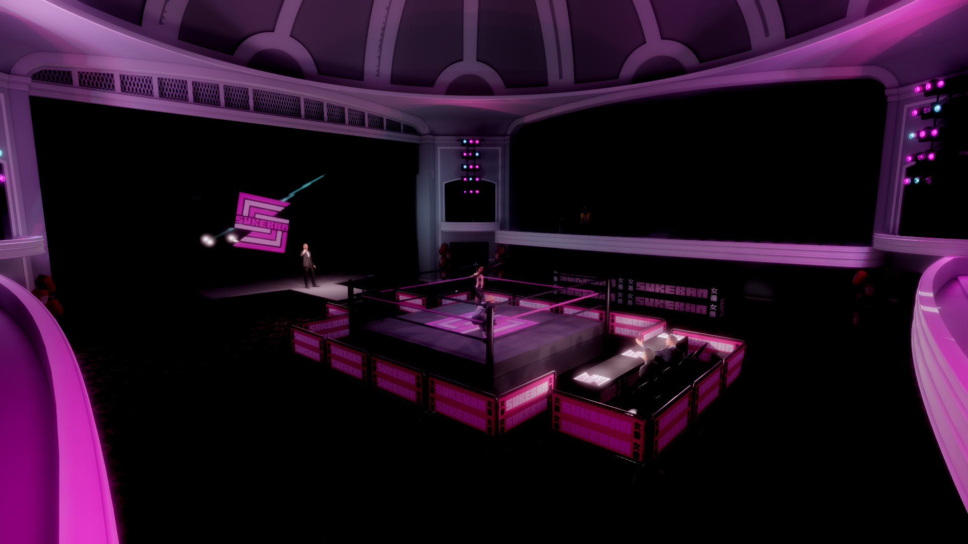 Digital illustration of a pink-themed wrestling ring in a dark, futuristic arena with purple lighting and branding that reads 'SUKEBAN'.