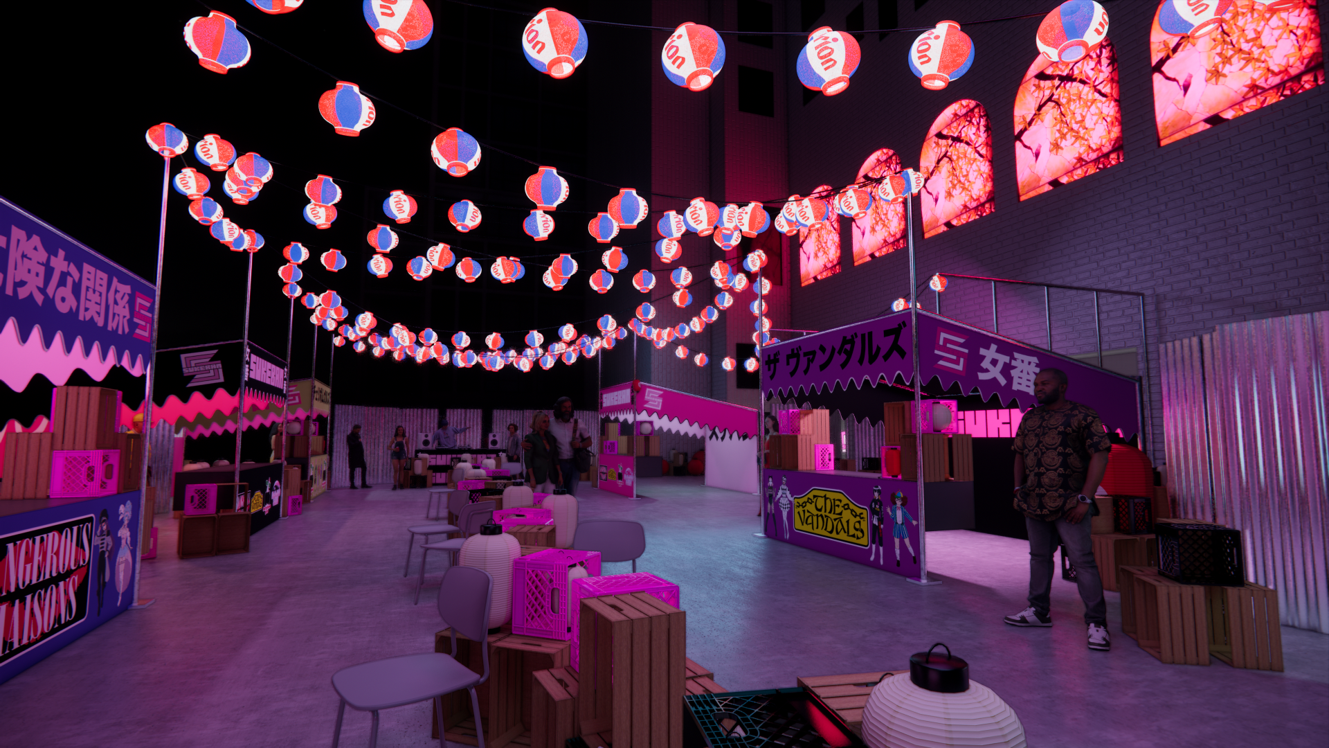 A vibrant indoor space decorated with pink, purple, and red hanging lanterns and neon lights, featuring booths labeled with Japanese characters and comic book-style artwork, with people socializing and walking around.