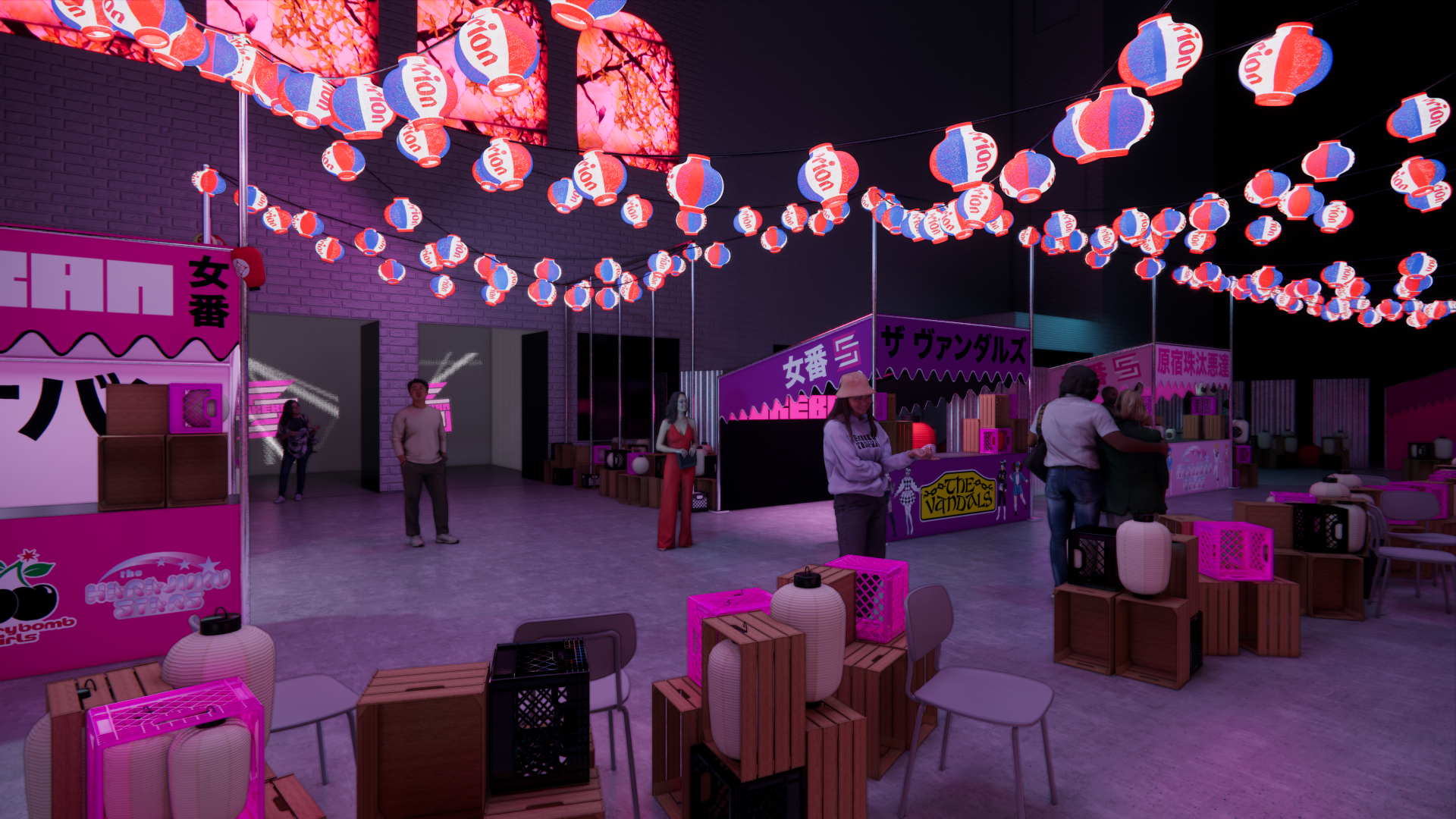 An indoor festival space decorated with pink and blue paper lanterns hanging from the ceiling. Various booths with Japanese-style signs and decor, including lanterns and crates, are set up along the sides. People are walking, chatting, and exploring 