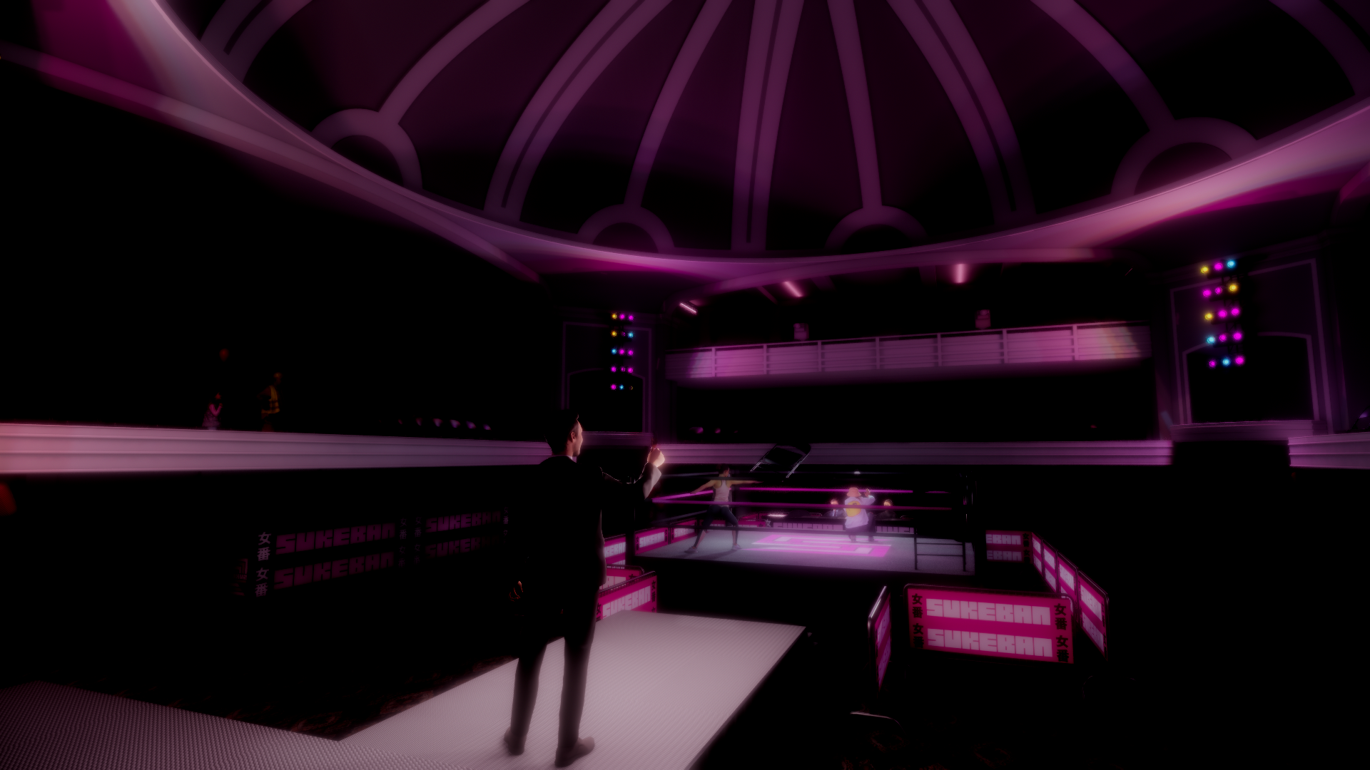 An indoor boxing ring illuminated by vibrant pink and purple neon lights, with a person standing outside observing the scene.