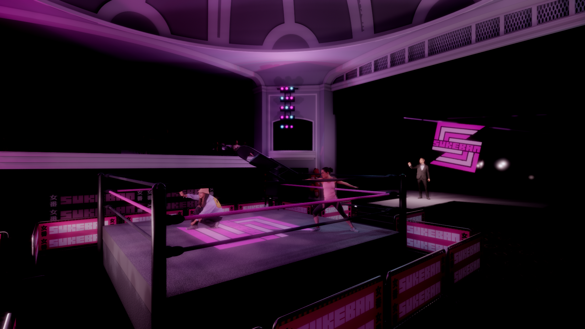 A boxing match taking place in a dimly lit venue with pink ambient lighting, a referee in black suit and tie on the right, and two women in the ring, one sitting and the other stretching.