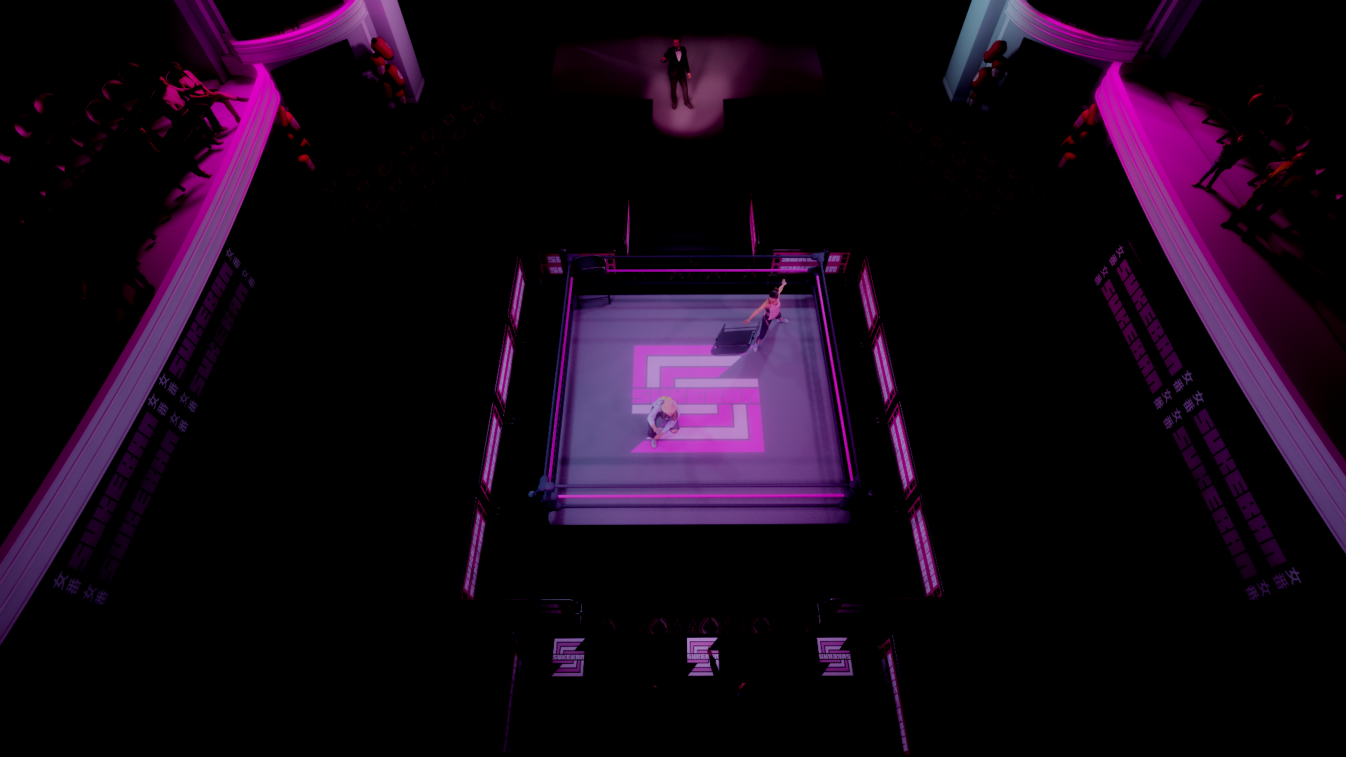 An esports gaming arena with a purple-lit boxing ring in the center, surrounded by an audience on elevated platforms, and a commentator on stage.