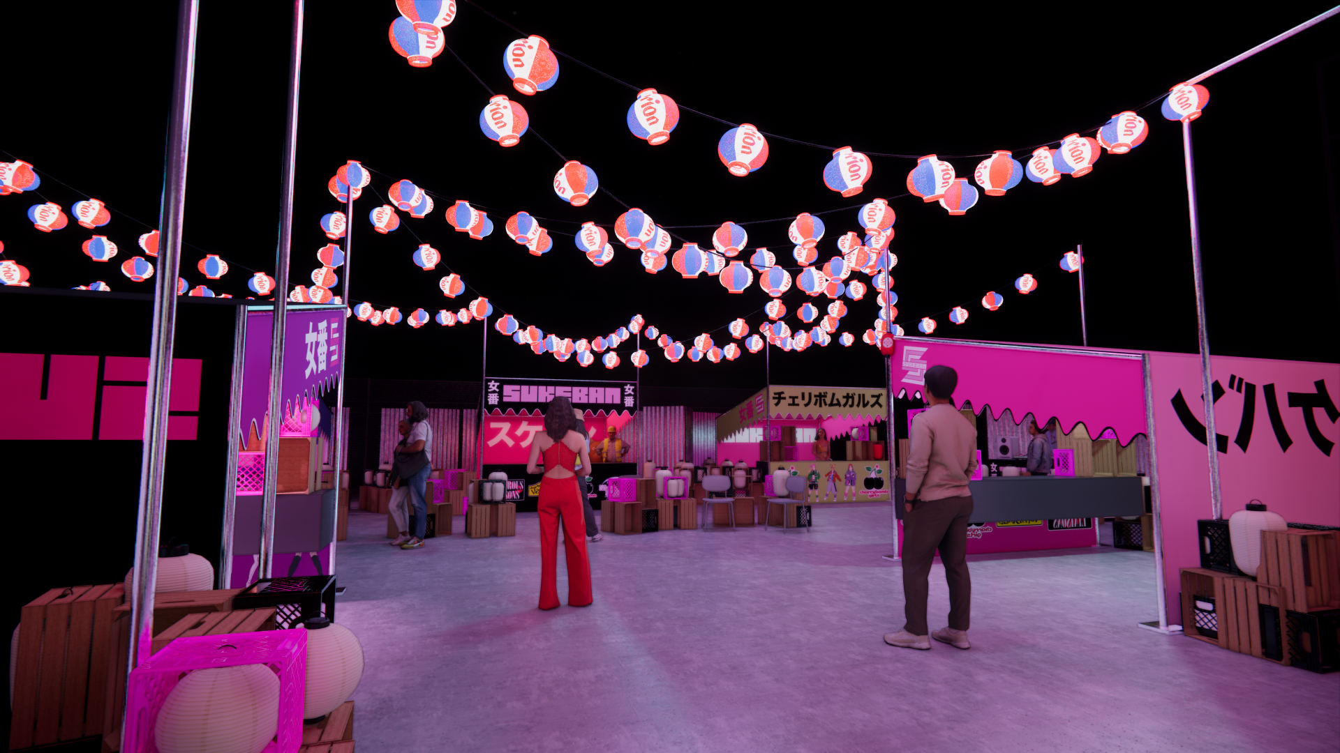 Night scene of an outdoor fair with pink and red lanterns hanging above, various booths decorated in pink and purple, and a few people walking around, enjoying the event.
