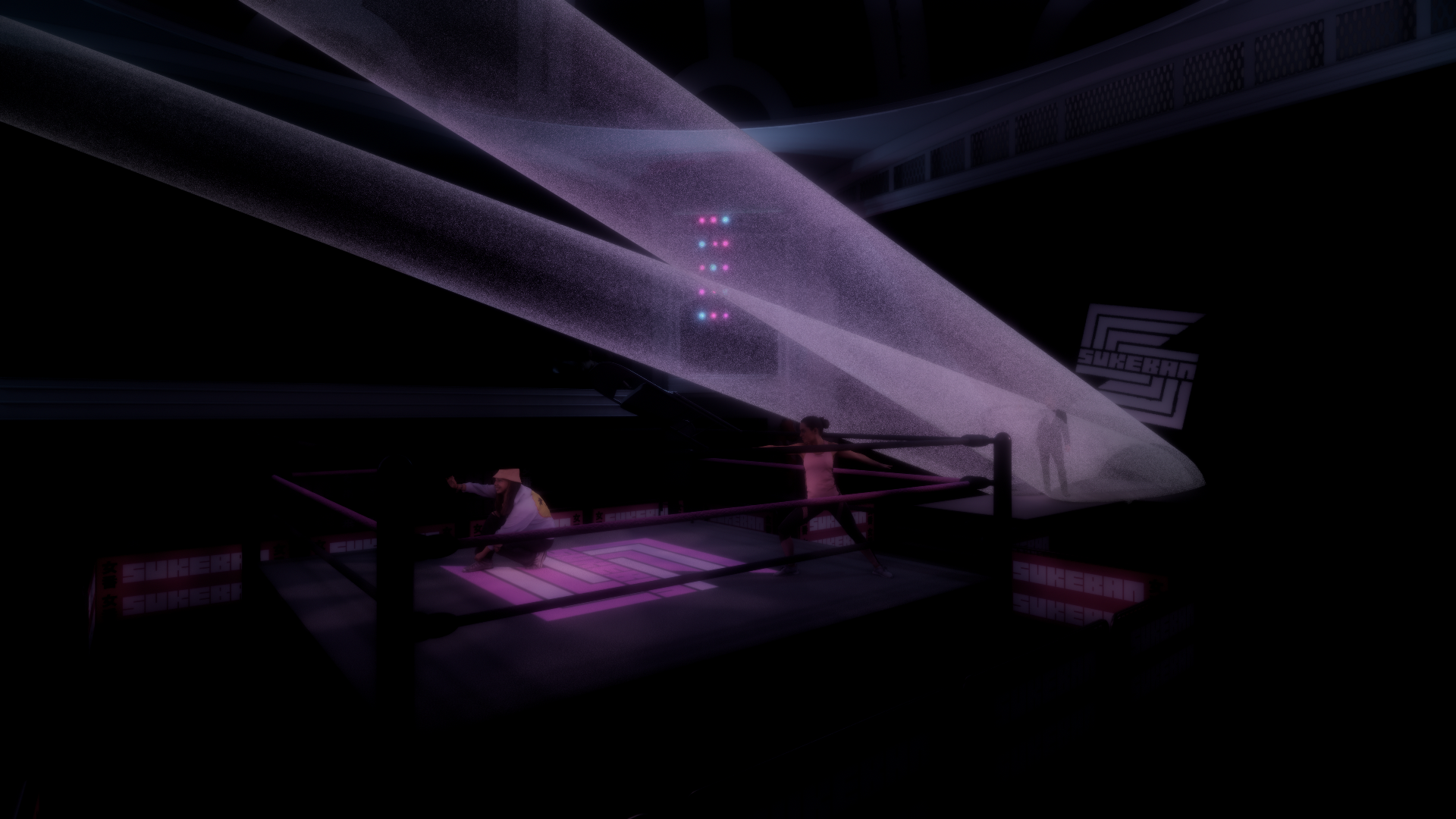 A digital art scene of a boxing ring with two fighters inside, illuminated by neon pink and purple lights, with a futuristic spaceship hovering above and a person standing on the spaceship. The background is dark with a sign that says 'SUREKAN'.
