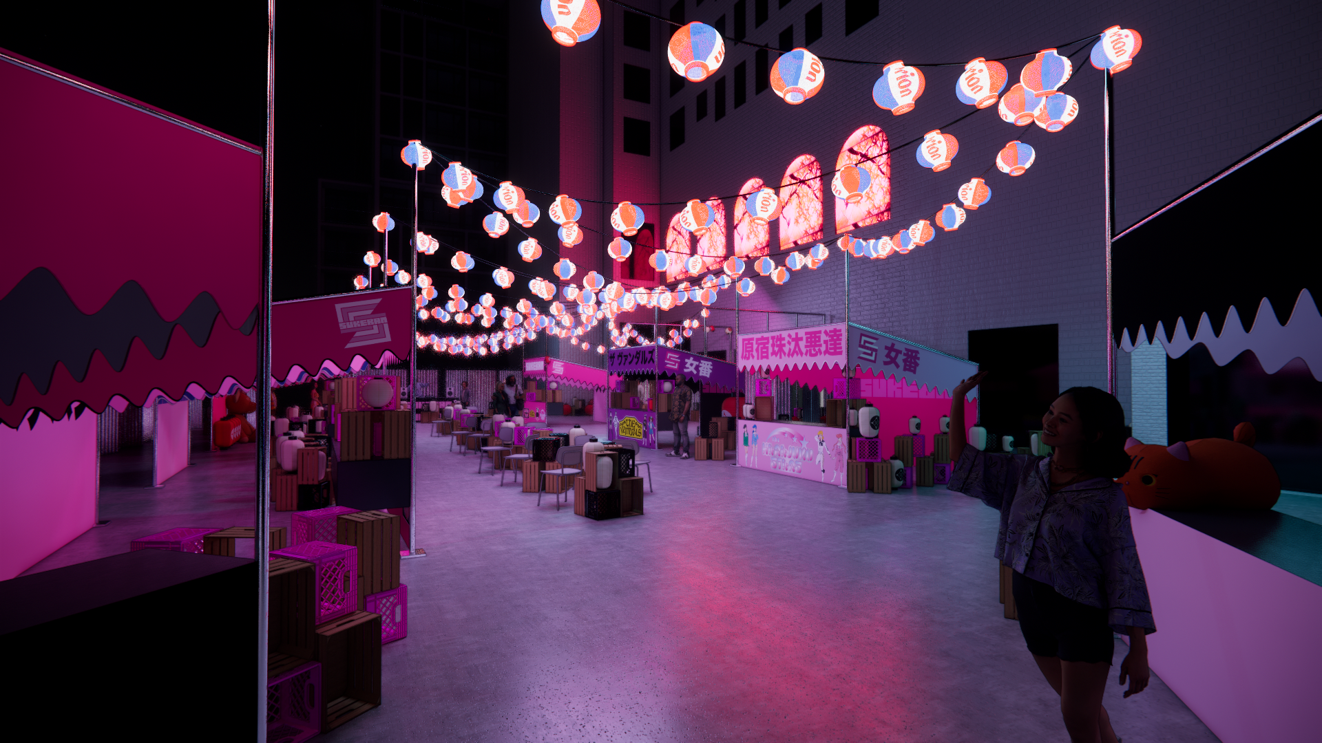 Night scene of a festival or fair with pink and blue lanterns hanging overhead, various stalls decorated in pink, and a person in the foreground smiling. The setting appears to be urban with tall buildings in the background.