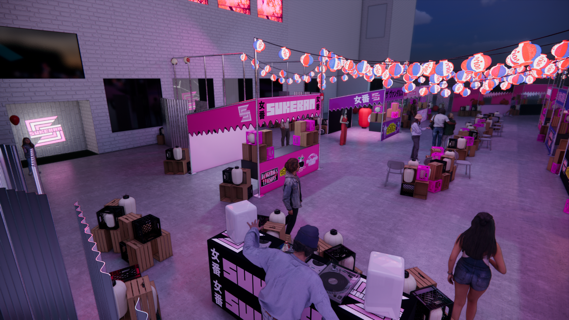 An outdoor event at night with string lights decorated with red, white, and blue paper lanterns. Multiple booths are set up with pink and purple signs featuring Japanese characters and English words like "Sukeban." People are standing and walking aro