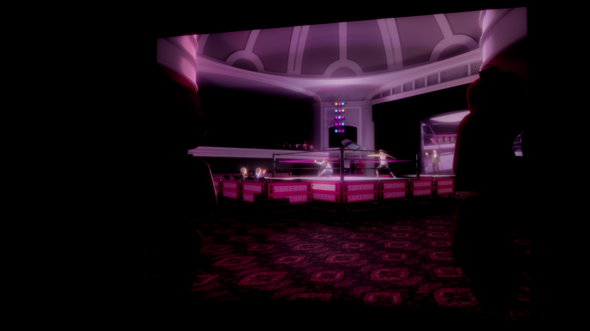 A neon-lit boxing ring inside a dark nightclub, with two boxers fighting, an audience watching, and colorful lights above.