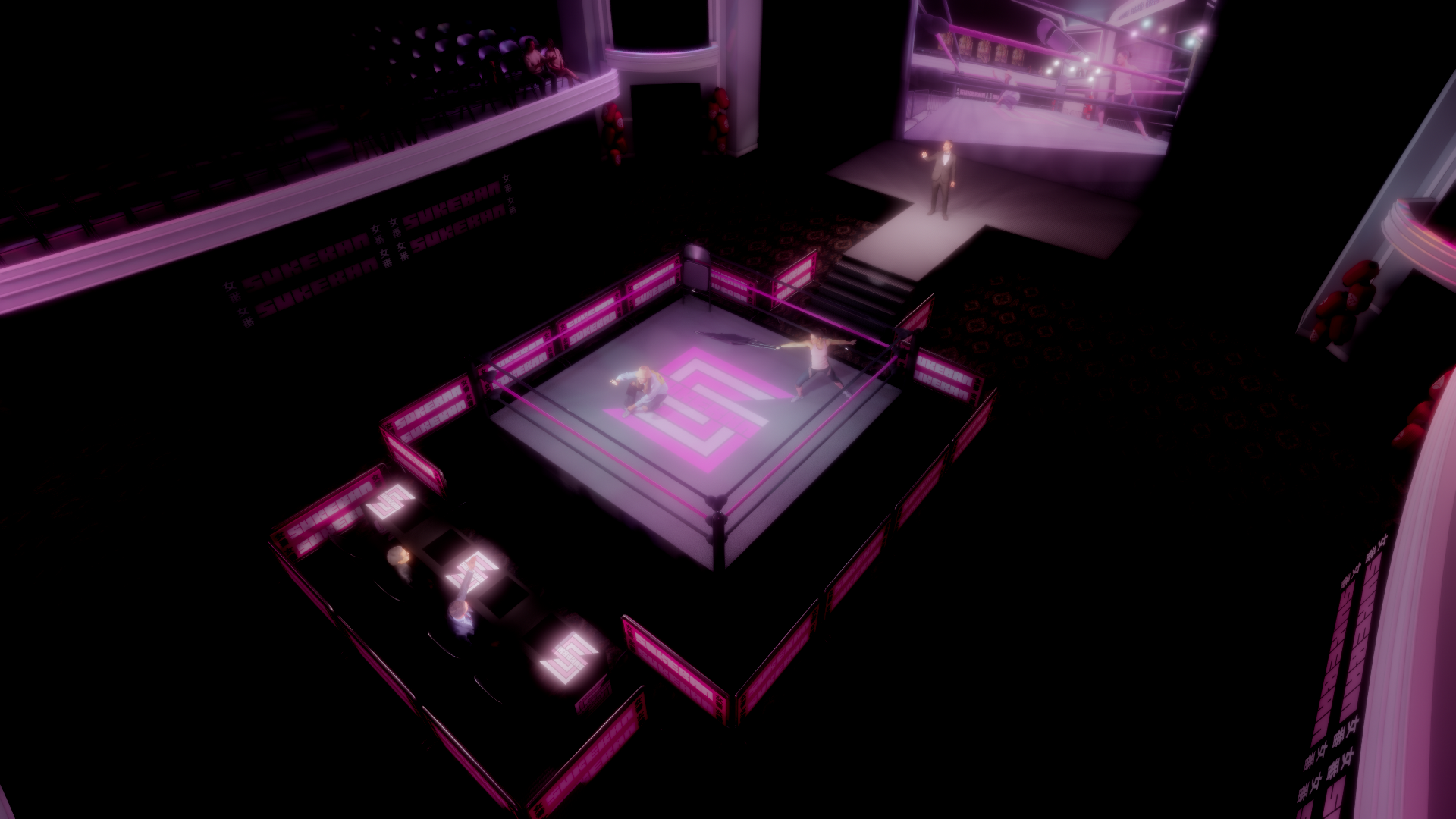 An illuminated wrestling ring with two fighters in a match, surrounded by pink LED lights in a dark room. A referee stands outside the ring, and there is a large screen displaying the match in the background.