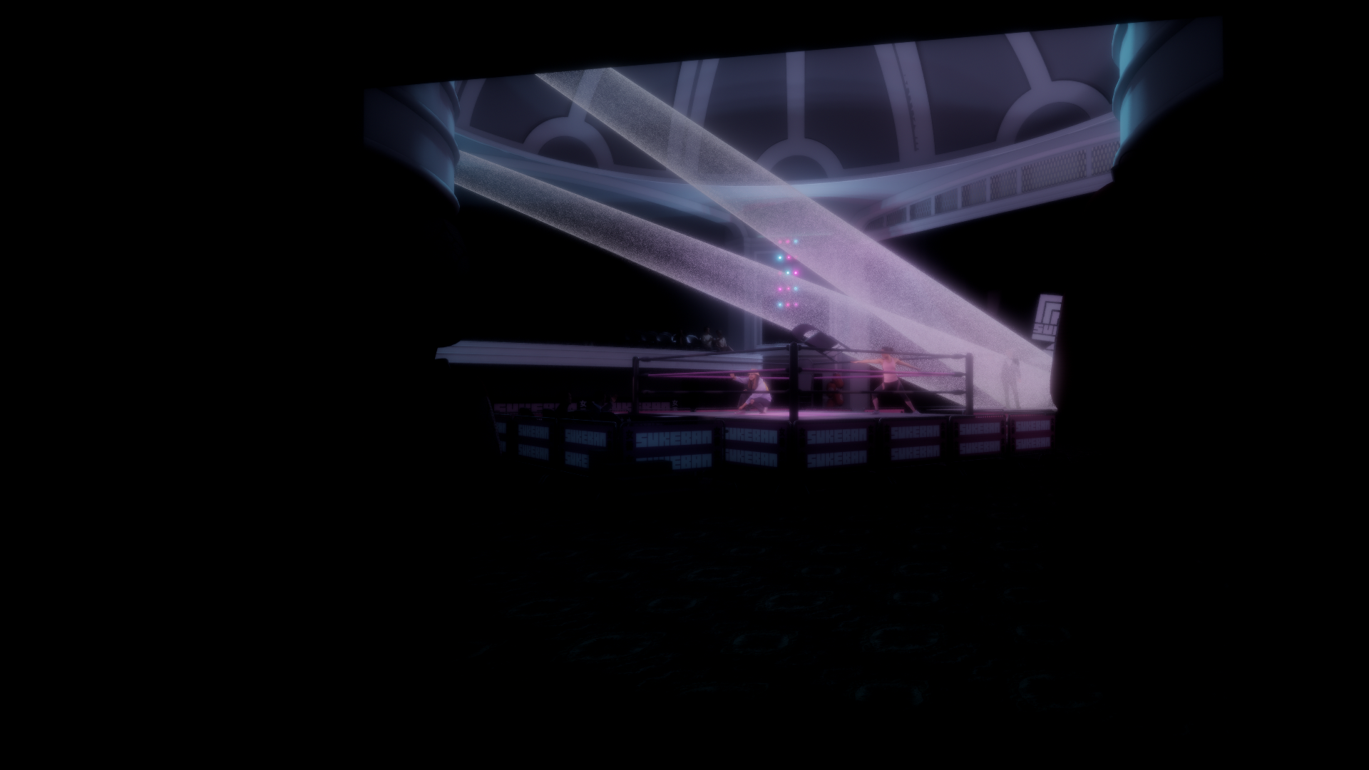 Dimly lit boxing ring with two fighters sparring, surrounded by screens displaying the word 'SUREBAN' in pink and blue lights, with a large clock face in the background.