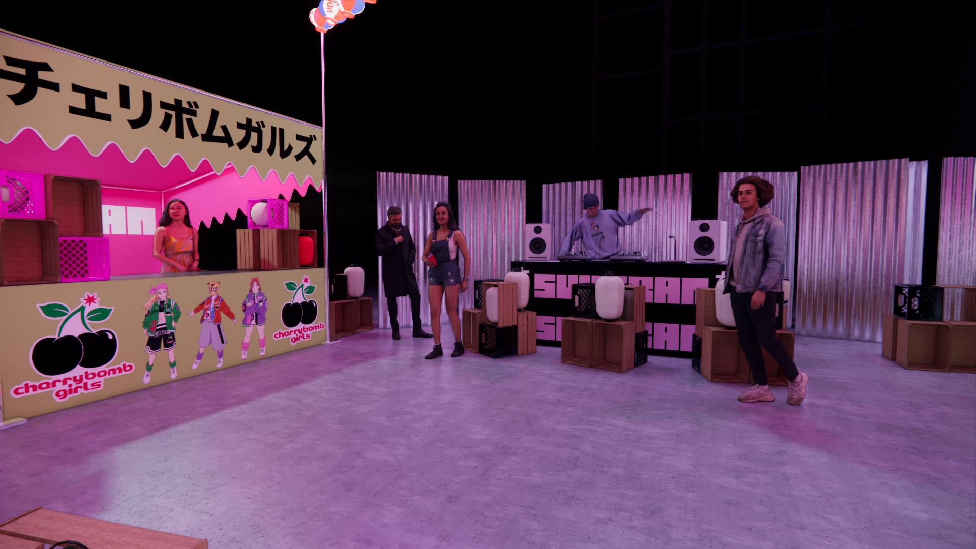 An indoor event space with a pink-themed booth featuring anime-style characters and the text "cherrybomb girls." There are people standing and a DJ with turntables, large speakers, and purple lighting in the background.