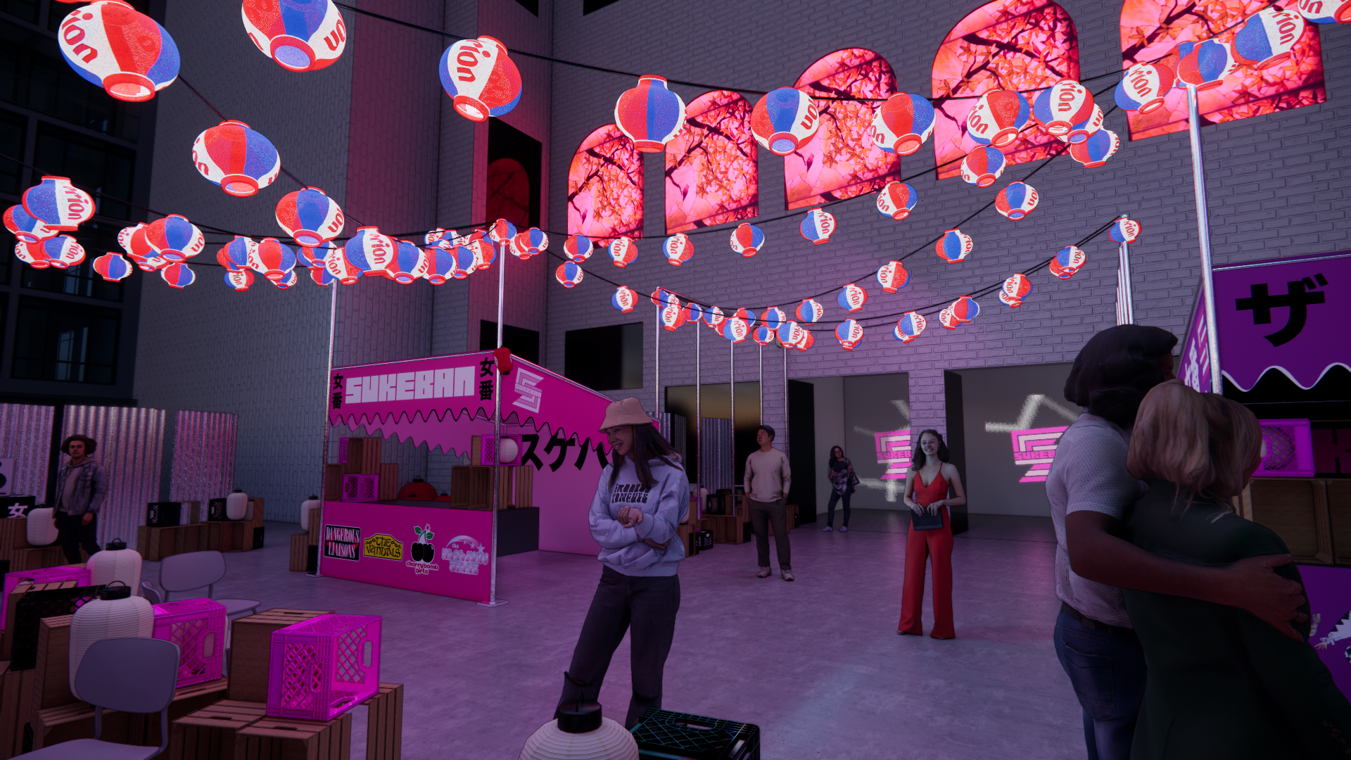 An indoor event space decorated with hanging red, white, and blue lanterns and pink neon lights. Several people are socializing, and there is a booth with pink and black signage labeled "SUBARU" in Japanese characters. Tables and chairs are arranged 