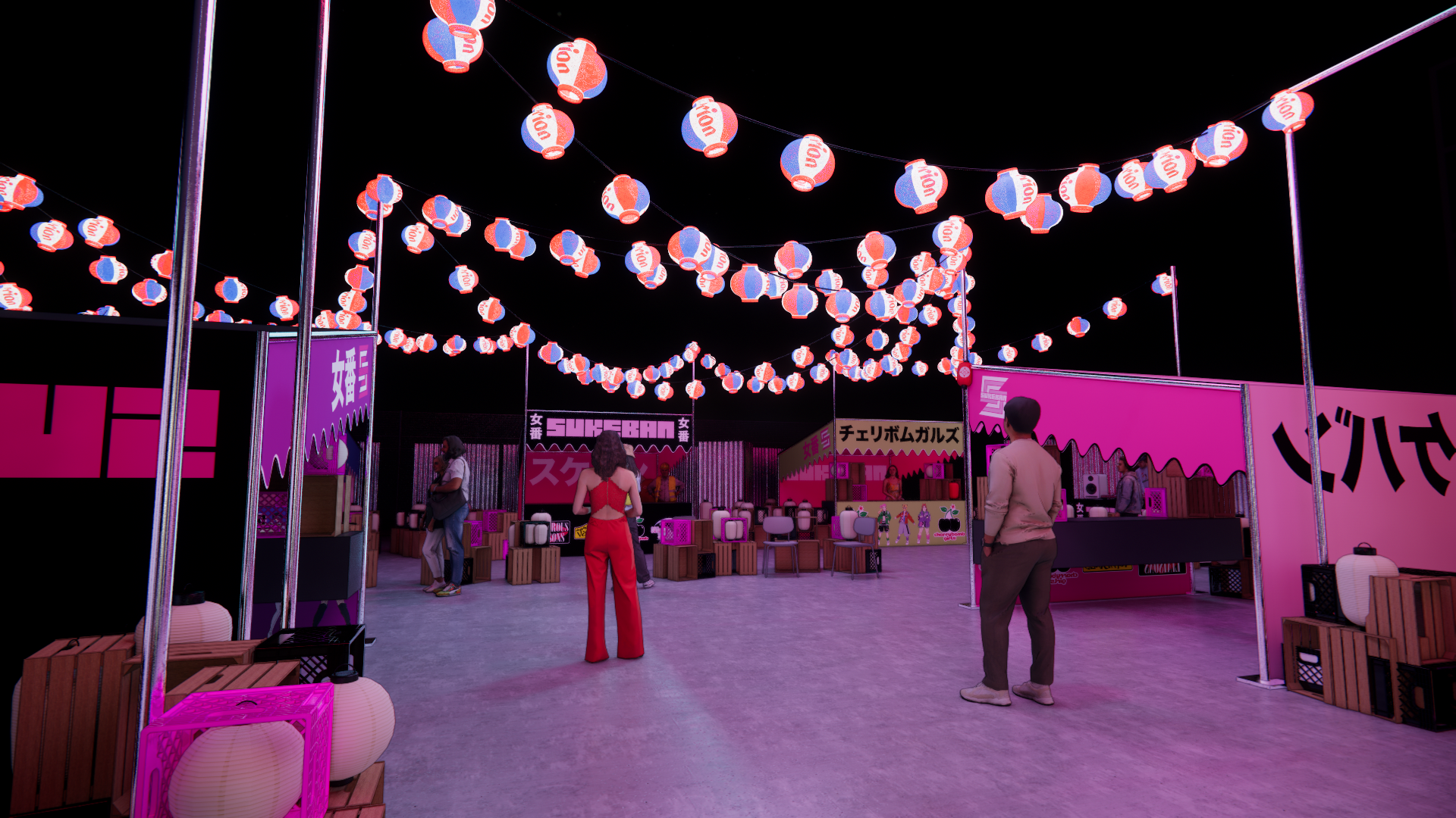 Inside a vibrant festival or market at night with pink and purple decorations and hanging lanterns. Several booths and a few people are browsing, including a woman in a red dress with open back and a man in a beige jacket.