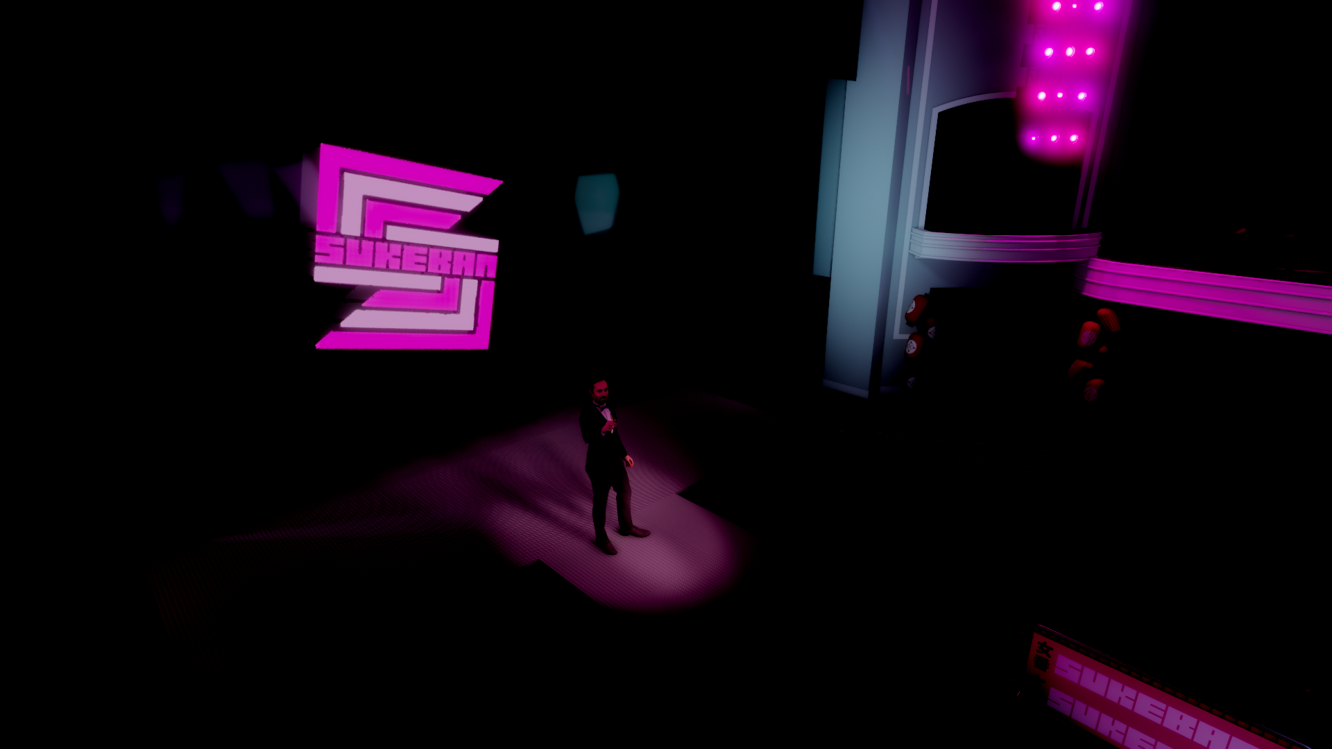 A man in a suit standing on a stage under pink and purple neon lights, with a sign that reads 'SuckerM' in stylized lettering behind him.