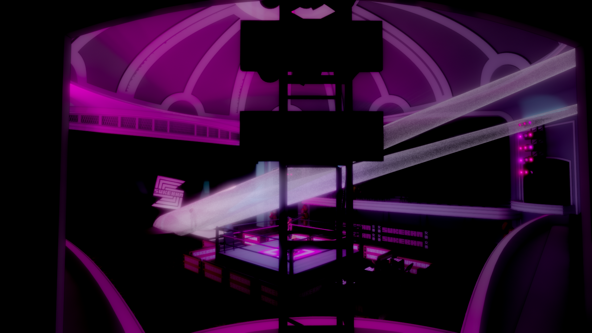 A futuristic stage with pink neon lights, elevated platform, and screens displaying the word 'sukeban' in a dark, urban environment.