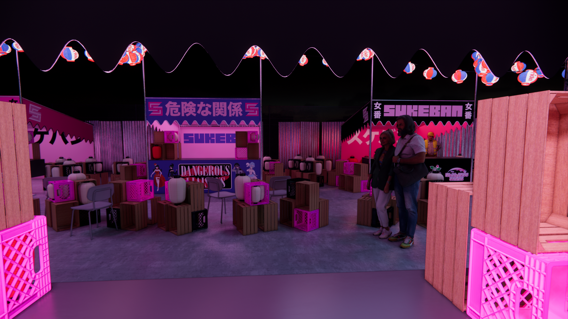 Night scene of a pink and purple-lit indoor or outdoor event space with booths labeled "SUKERAN" and "DANGEROUS" featuring Asian-themed posters, wooden crates, and pink illuminated lattice decorations, with two women standing and talking.