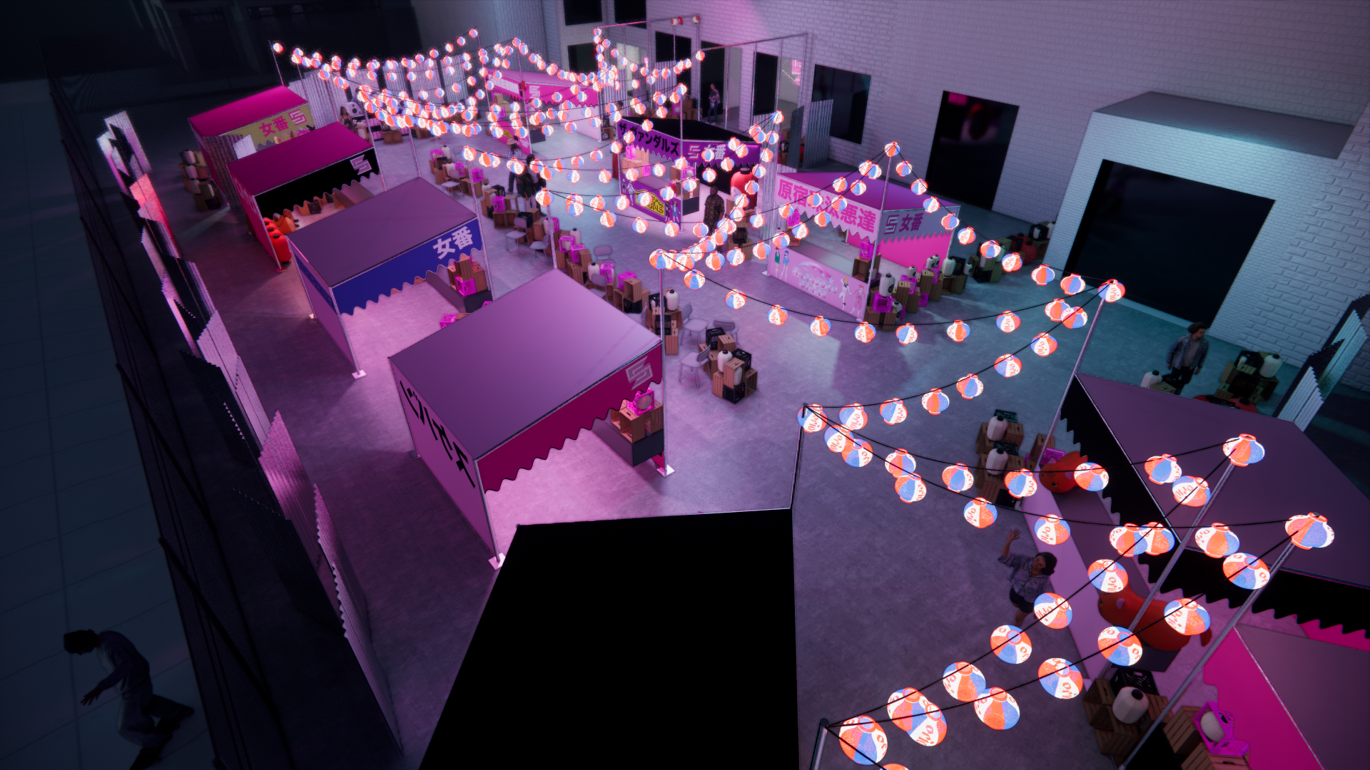 A vibrant indoor arcade setup with pink and purple booths, string lights, and seating areas, resembling a festival or fair environment.