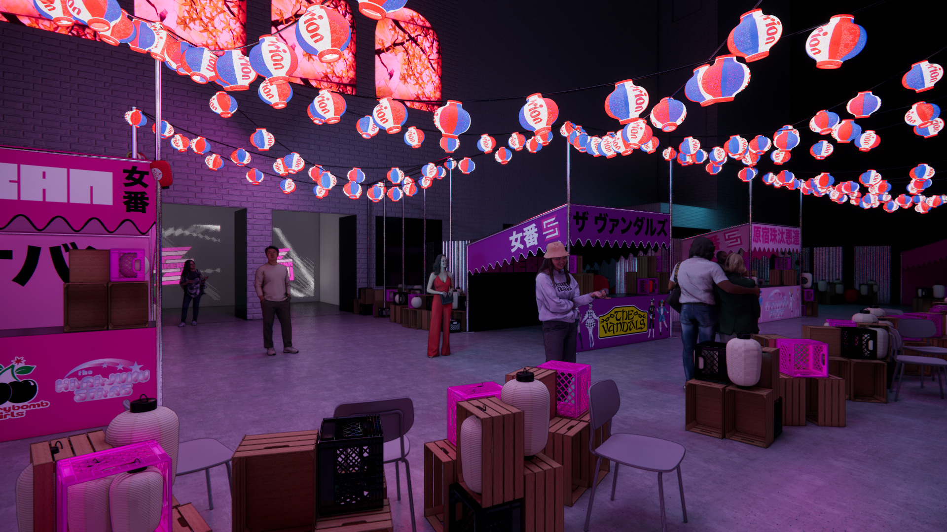 Interior of a market or fair with pink and red paper lanterns hanging from the ceiling, booths with Japanese signs, and people browsing or shopping, illuminated with pink and purple lighting.