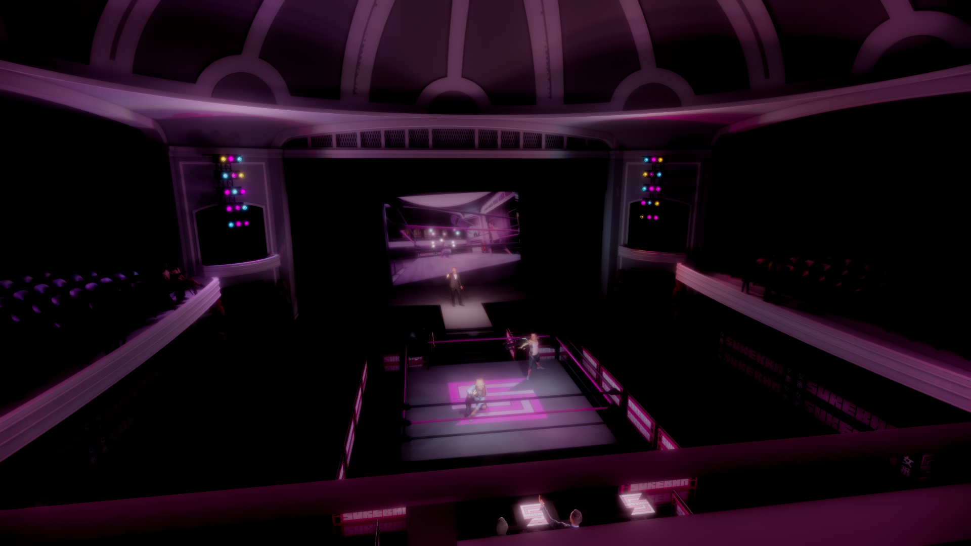 A wrestling ring in an arena with purple lighting, surrounded by an audience and stage setup, featuring two wrestlers inside the ring and a person standing outside, with stage lights and a large screen in the background.