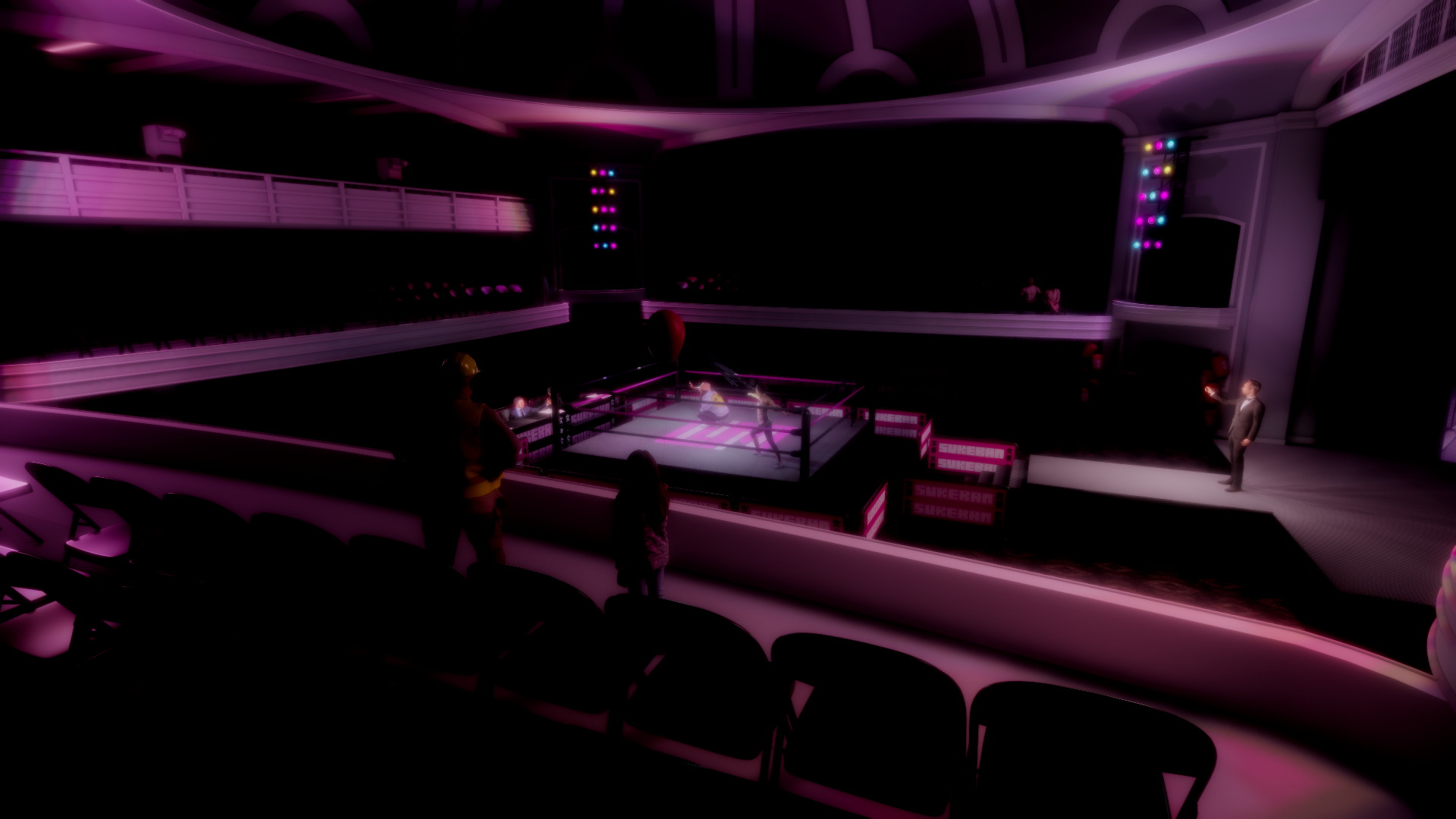 A digital rendering of a small boxing ring inside an elegant, dark theater with pink accent lighting. Several people are around the ring, and two fighters are sparring inside it. The theater has a balcony, rows of empty seats, and colorful stage ligh