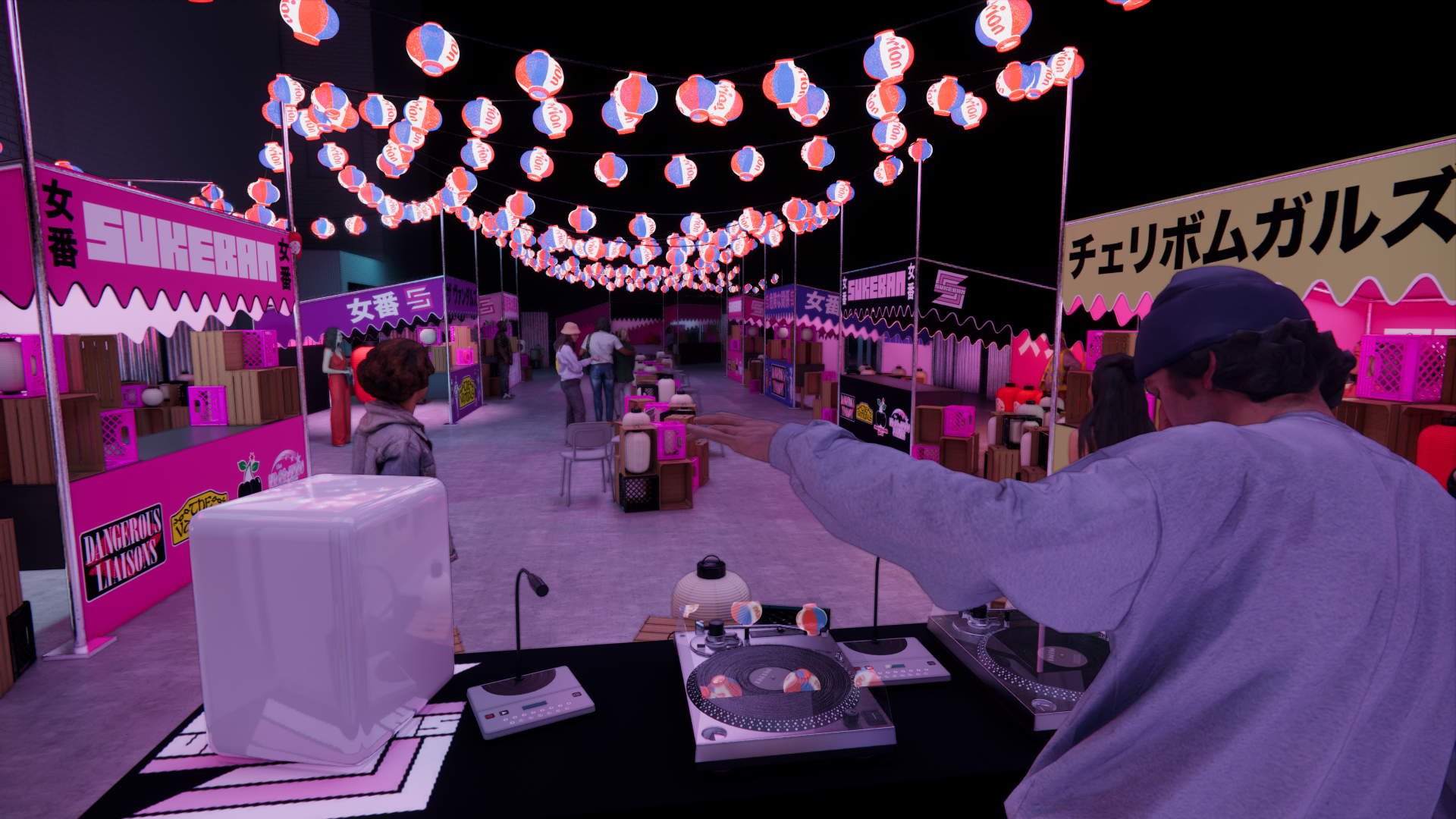 A scene from a night fair or carnival with pink and purple booths, hanging lanterns, and people walking around. A DJ is playing music at a booth in the foreground.