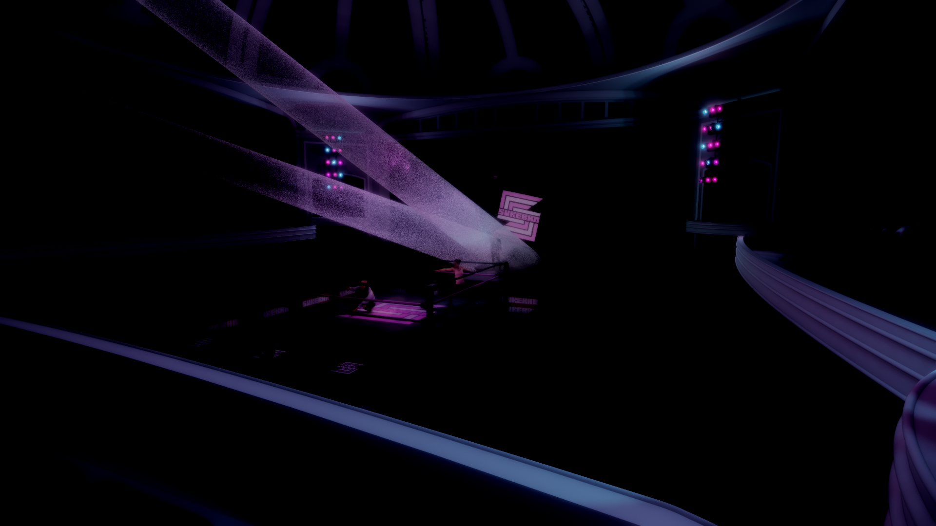 Dark, neon-lit stage with a DJ booth, large screen displaying a logo, and abstract light designs.