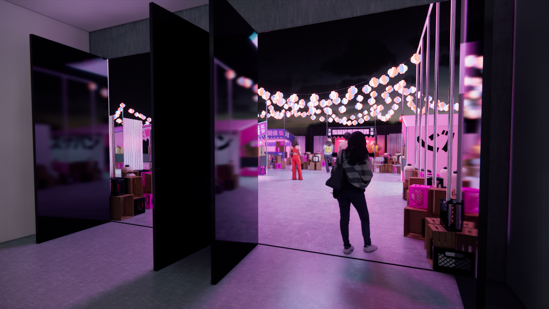People walking through a neon-lit arcade or entertainment space with string lights and illuminated signs, seen through an open black reflective door.