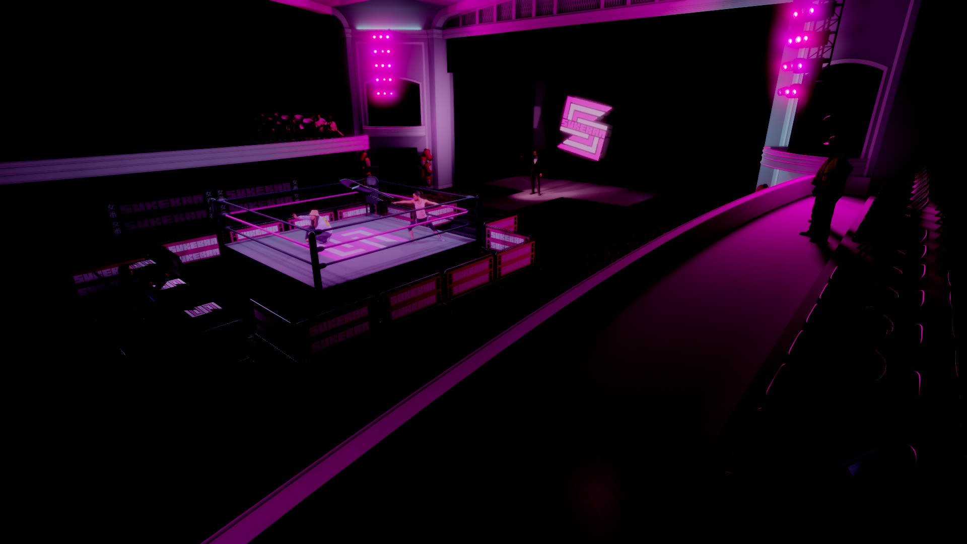 A wrestling ring in a dimly lit, purple-lit arena with a large screen displaying a design, and a person in a suit standing nearby. There are also some spectators seated along the side.
