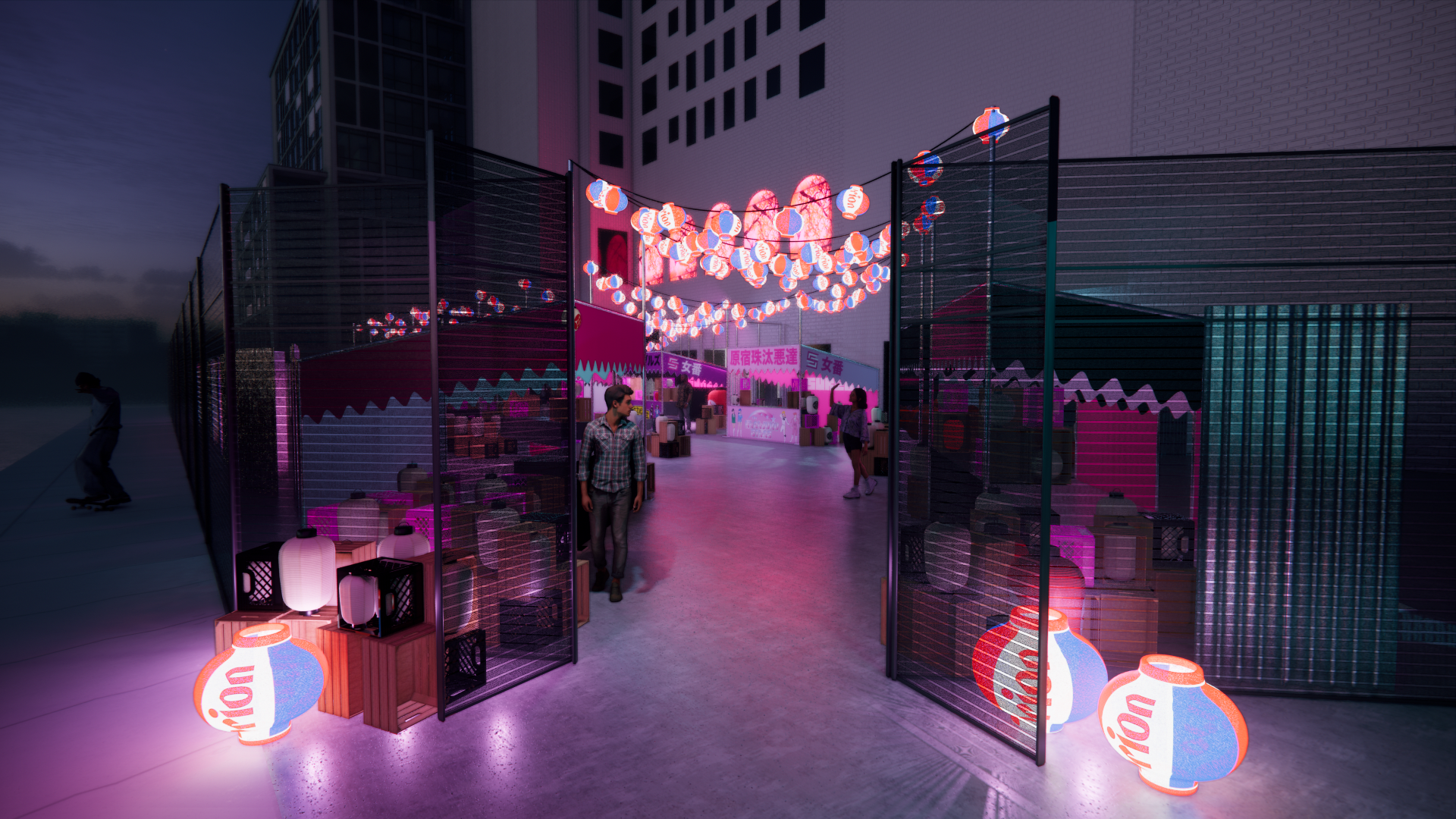Nighttime scene of a decorated outdoor space with pink and blue lanterns hanging overhead, a pink-lit booth with Japanese signage, and a few people walking or skateboarding nearby, in an urban setting with tall buildings.