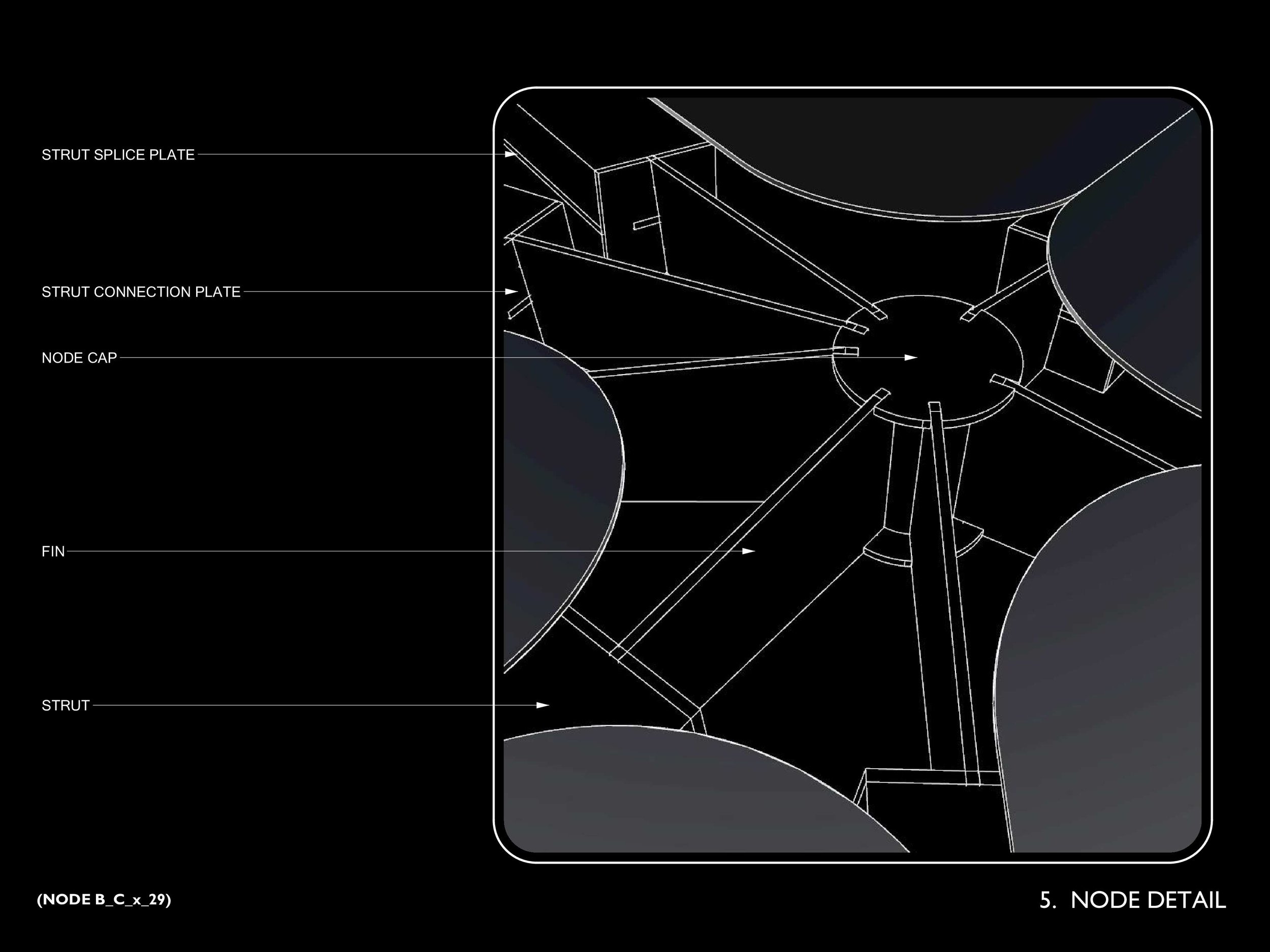 Technical drawing of a mechanical part with labels indicating components such as strut splice plate, strut connection plate, node cap, fin, and strut. The drawing is presented on a black background with white lines.