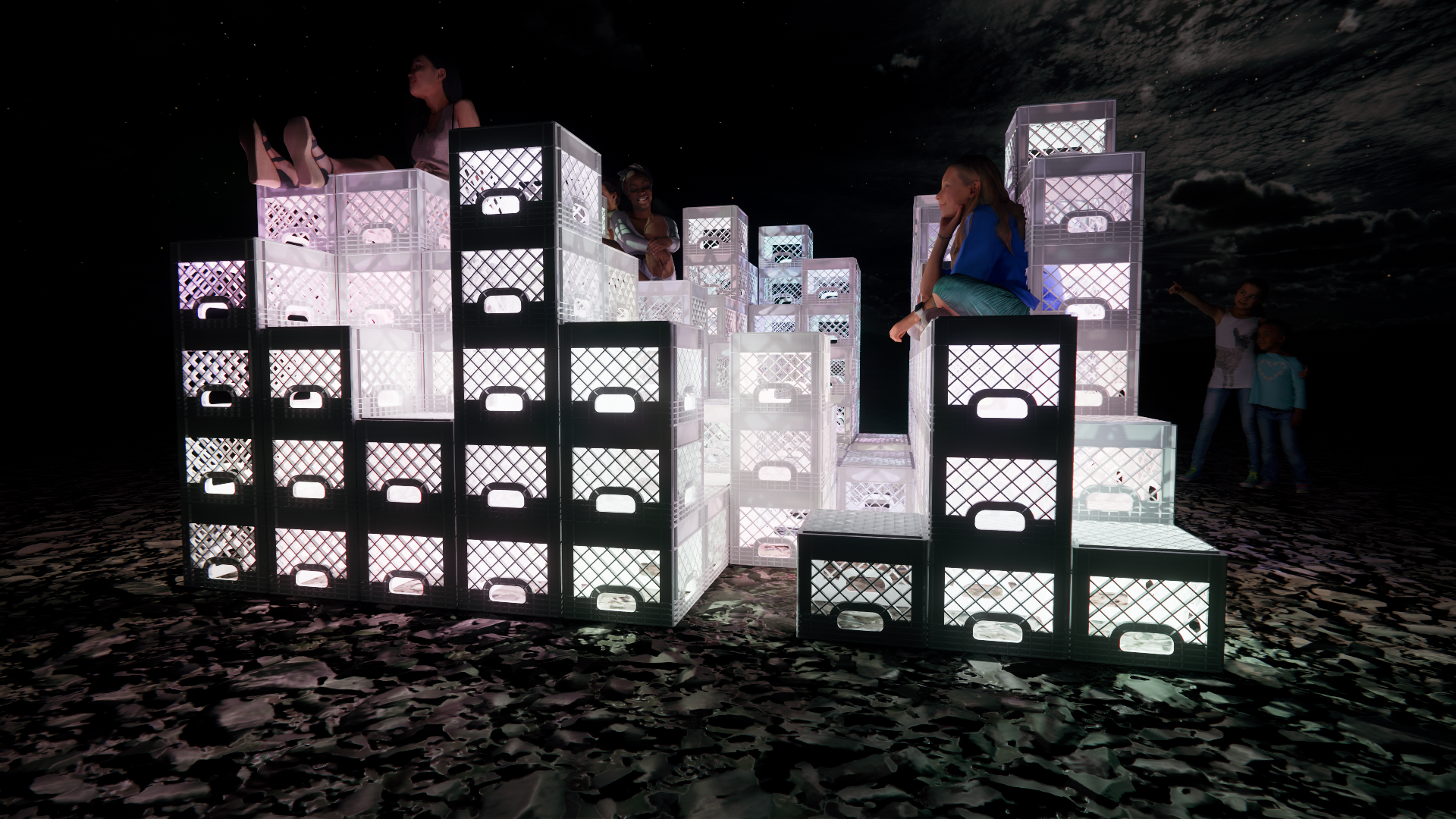 People sitting and standing on an illuminated structure made of stacked white crates at night under a starry sky.