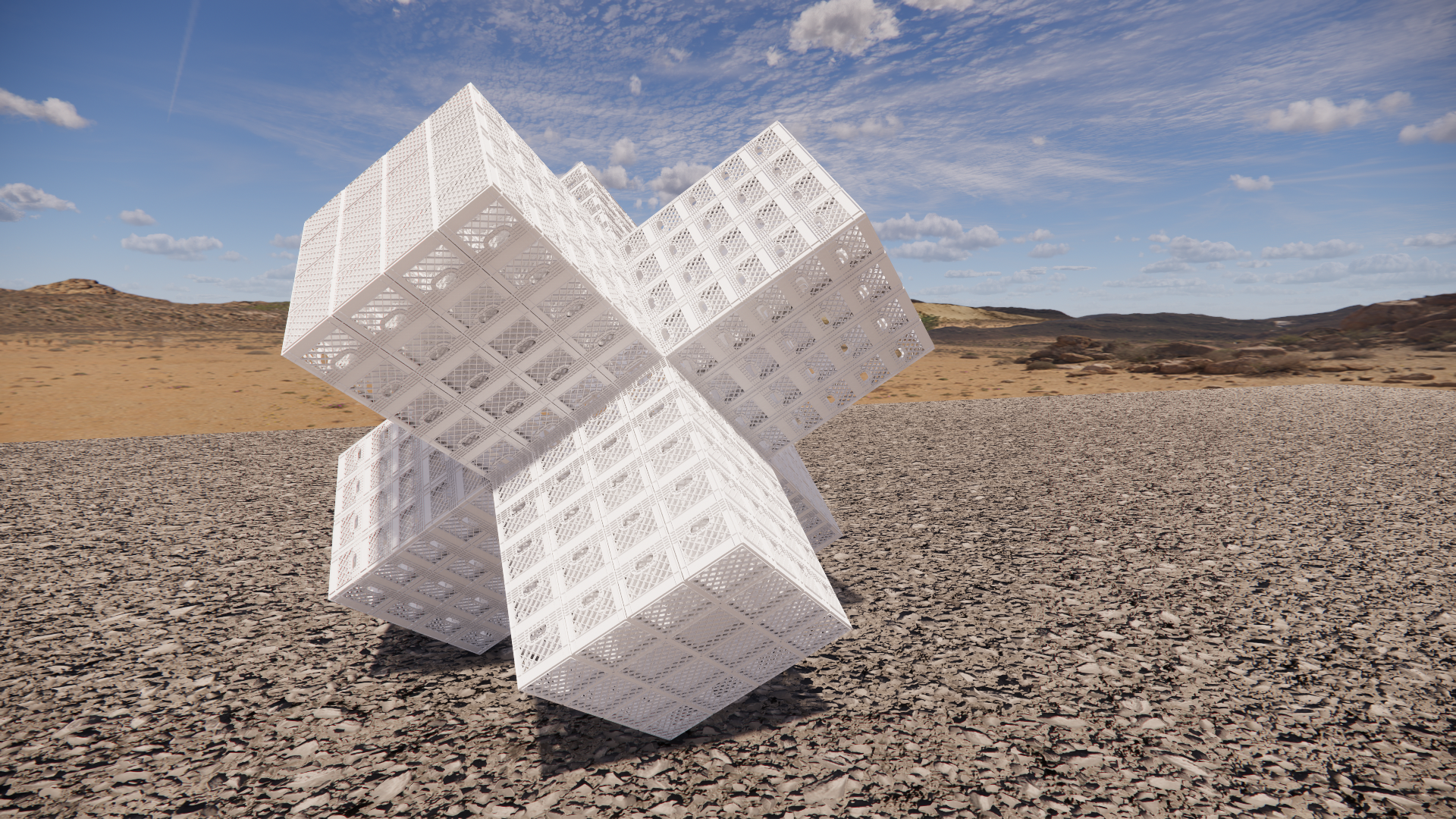 A large white geometric sculpture made of interconnected rectangular panels with circular cutouts, situated on a dry, cracked landscape with hills in the background under a partly cloudy sky.