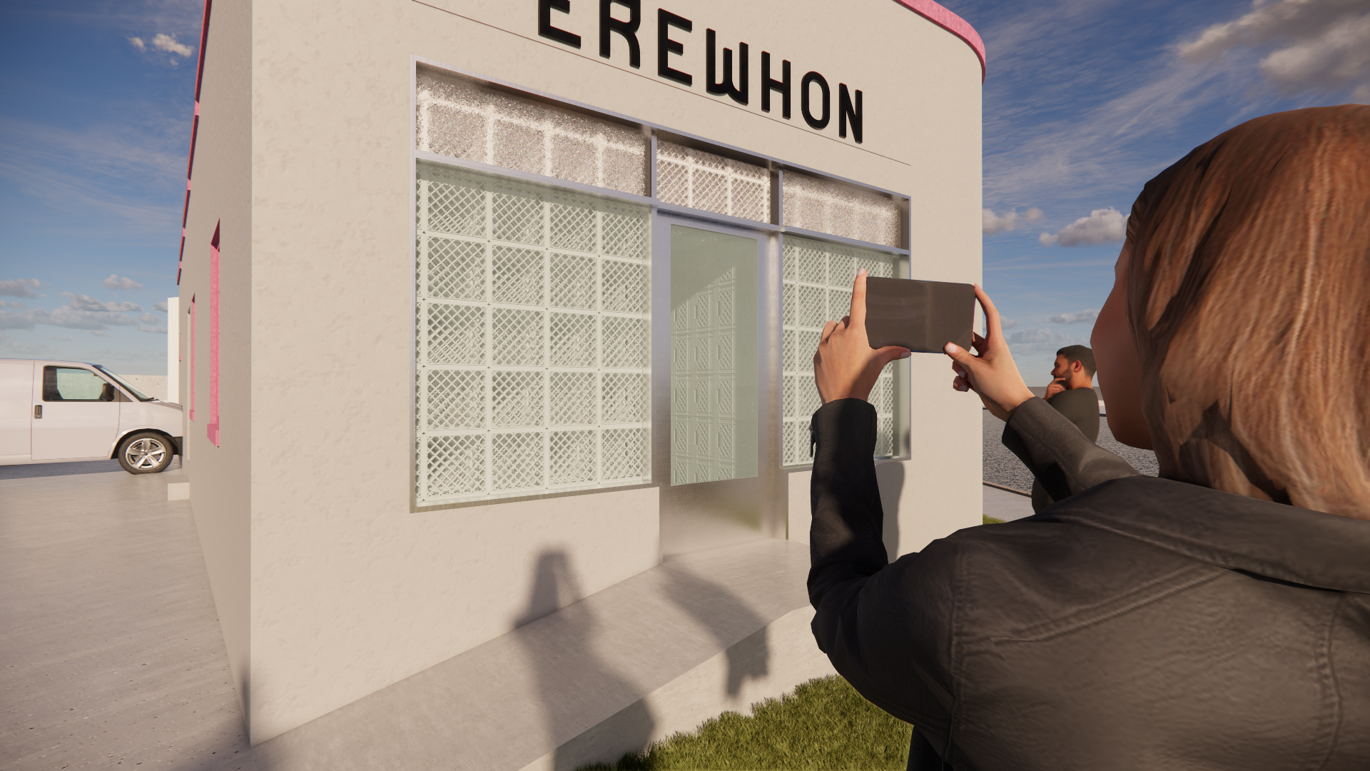 A woman takes a photo of a building with a sign that reads 'BREWON'. She is holding a smartphone, and a man stands in the background next to the building. There is a white van parked nearby, and the sky is partly cloudy.