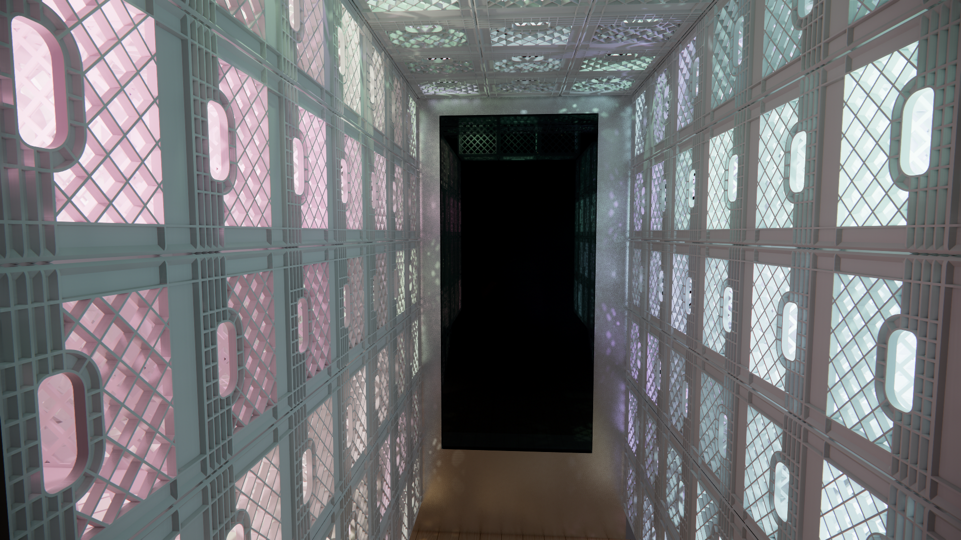 Interior of a futuristic corridor with walls made of patterned, glowing panels and a reflecting floor leading to a dark doorway.