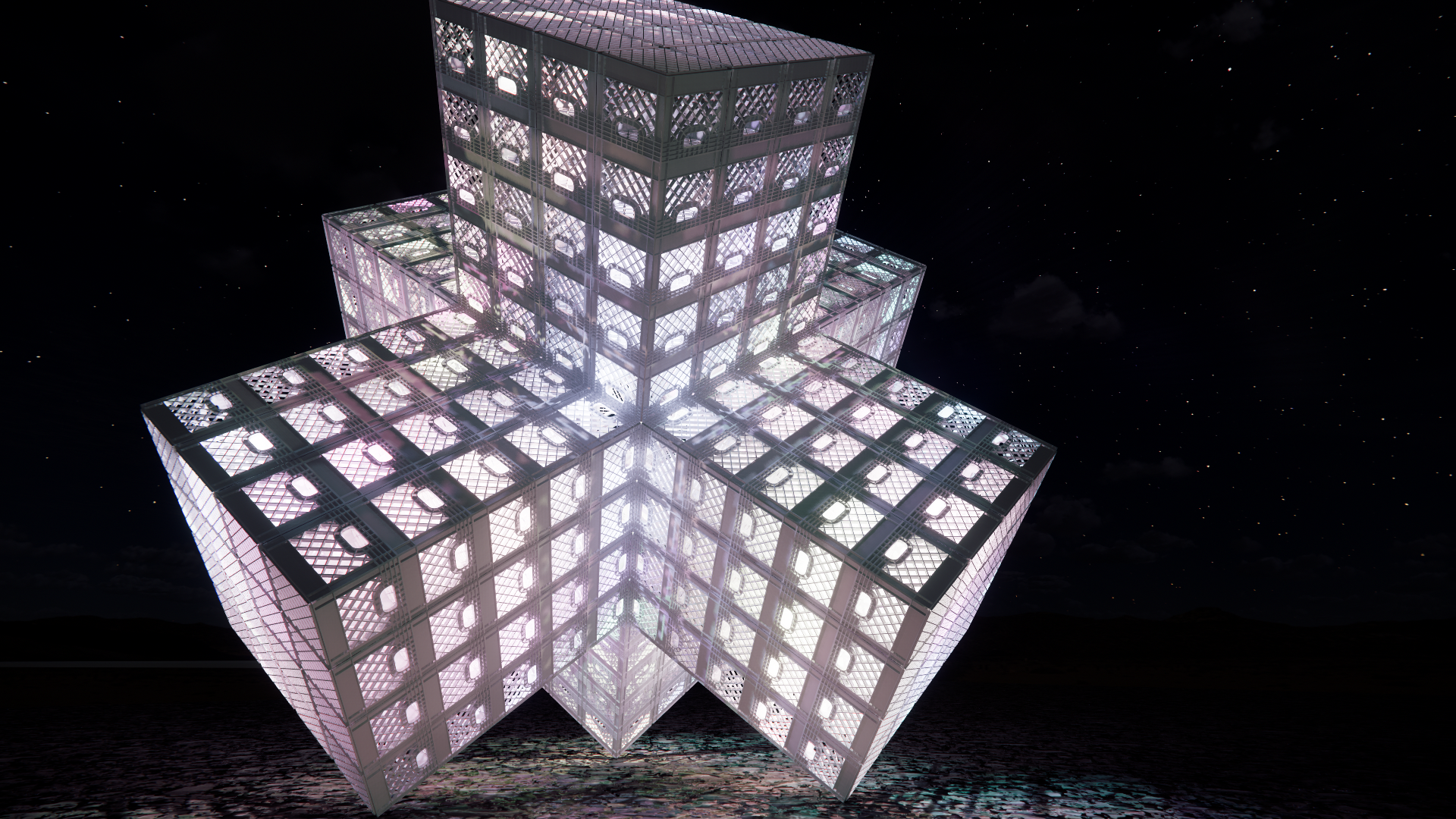 Futuristic structure made of illuminated lattice cubes forming two stacked boxes, floating in space against a starry night sky.