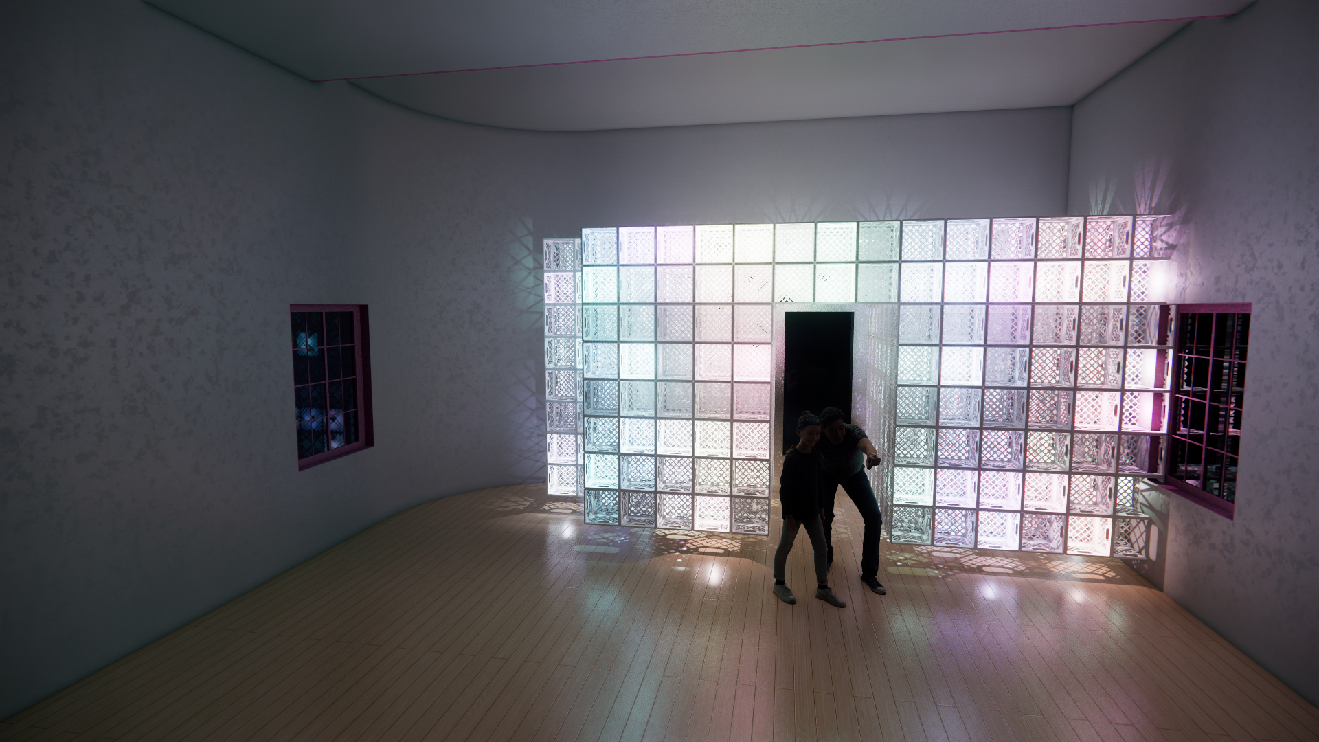 Two people taking a selfie inside a brightly lit room with modern, geometric wall art made of illuminated, pastel-colored translucent squares. There's a window with purple trim on the left.