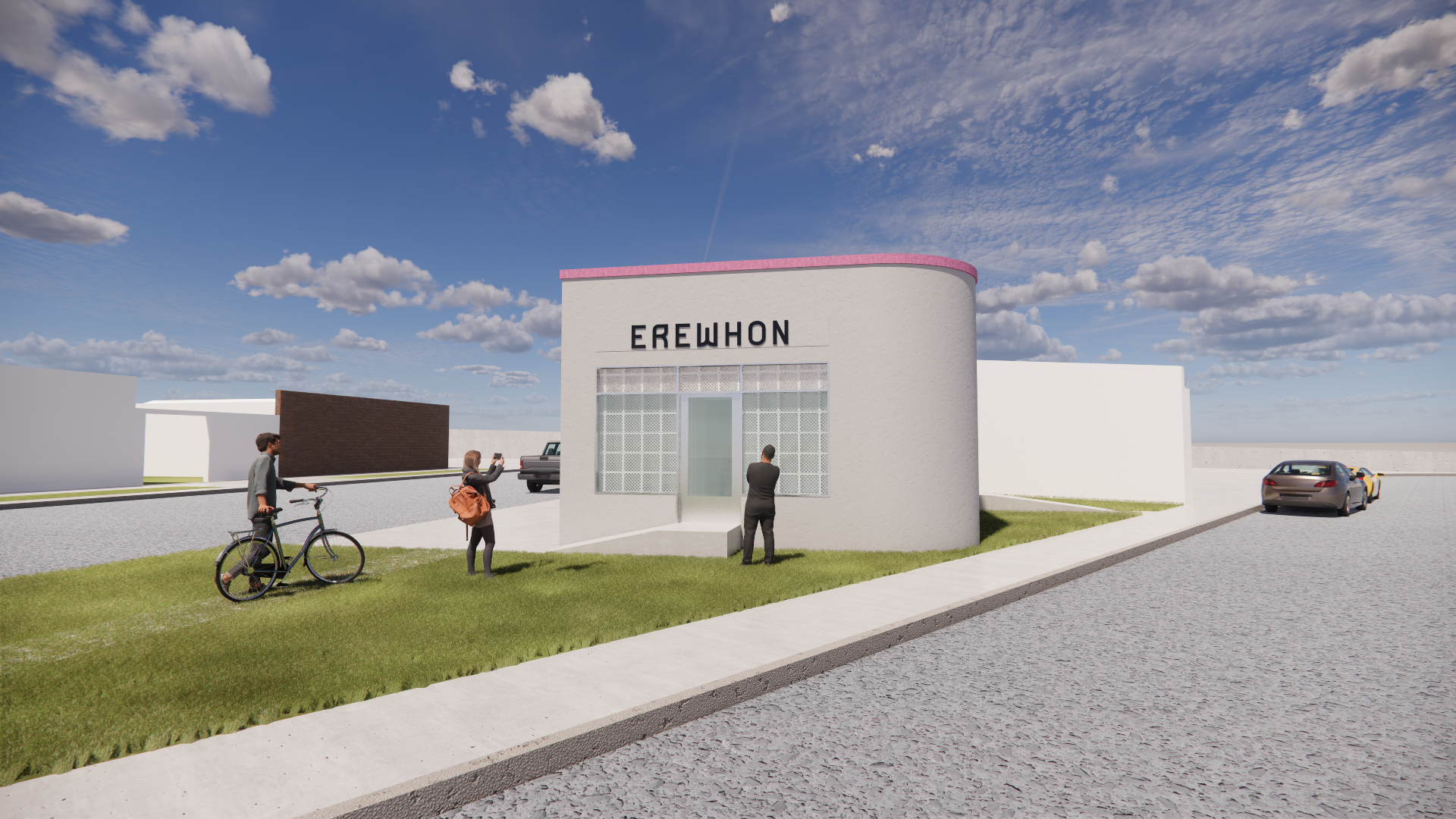 Rendering of a modern building with the sign 'EREWHON' on its front, surrounded by people and parked cars under a cloudy sky.