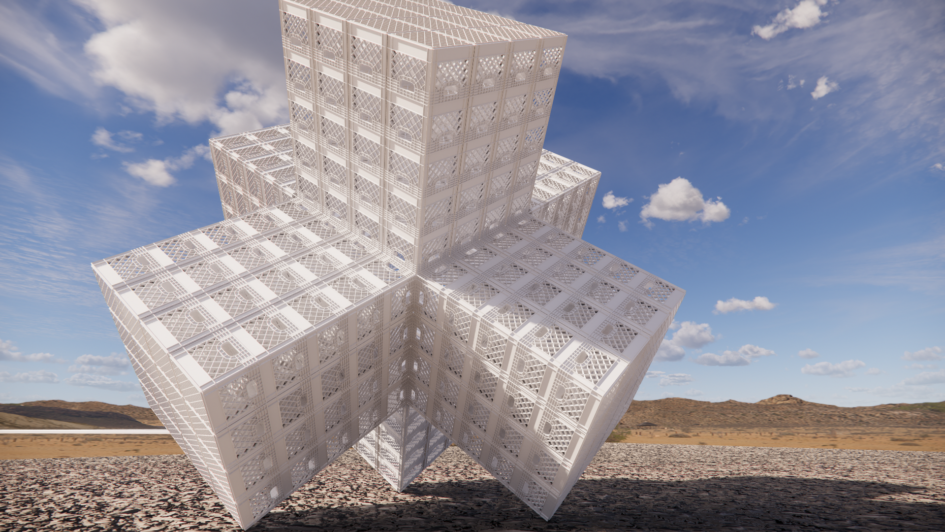 A complex white geometric sculpture made of interconnected lattice panels set against a desert landscape with a blue sky and scattered clouds.