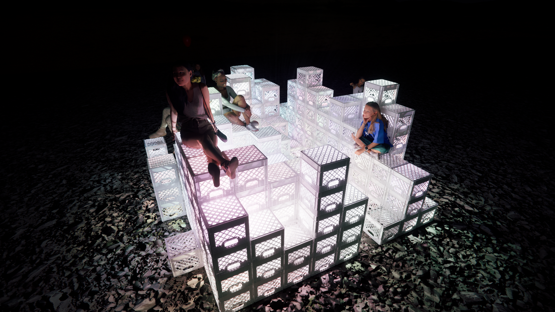 Group of children sitting on illuminated plastic crates arranged in a geometric pattern on a dark surface.