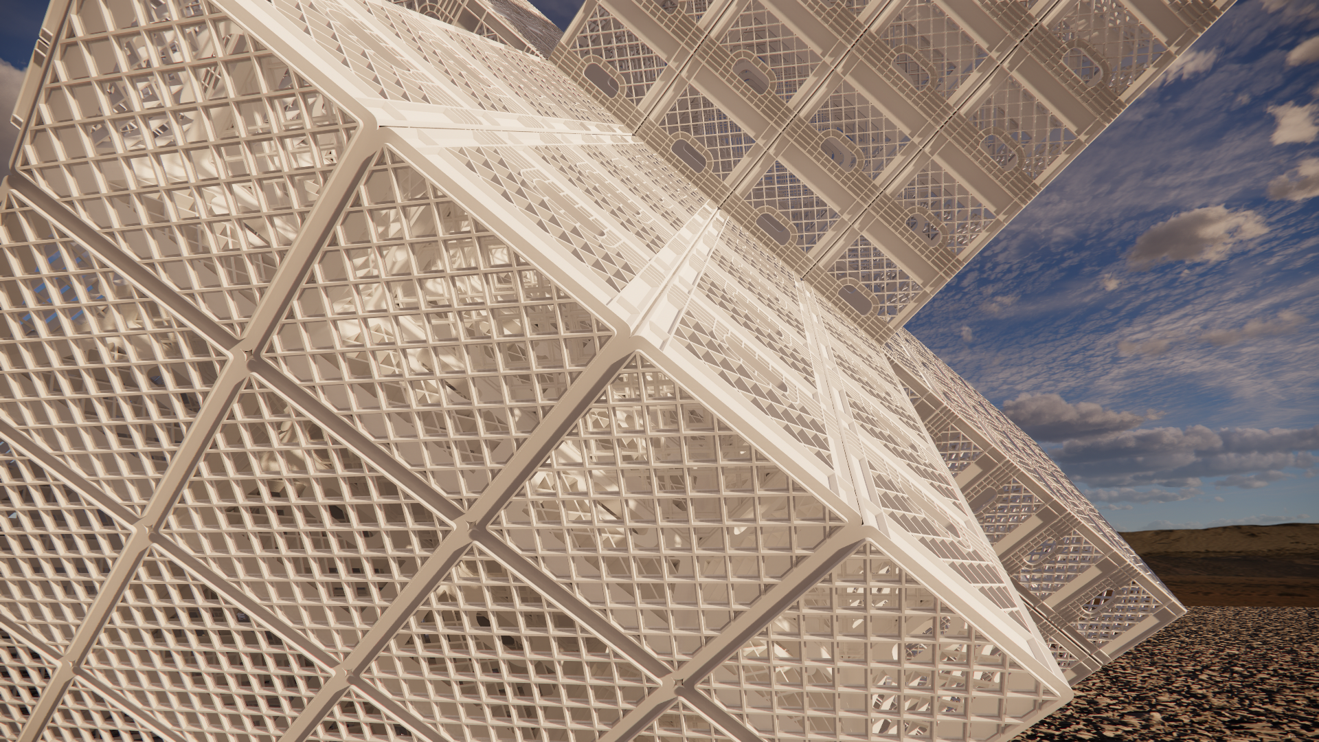 Close-up of a futuristic architectural structure with a geometric lattice design, set against a partly cloudy sky and desert landscape.