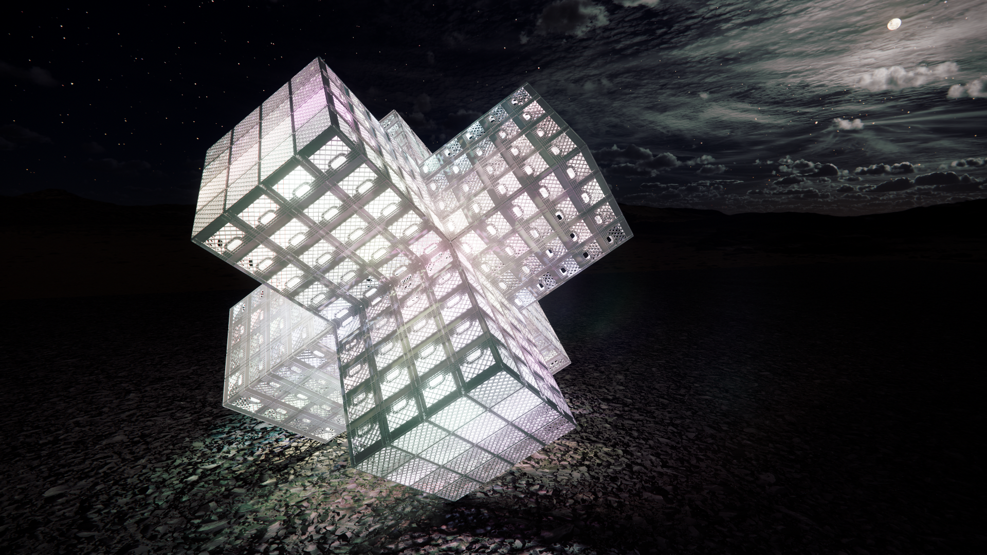 A modern, illuminated geometric sculpture composed of interconnected cubes in a desolate outdoor landscape at night, with a starry sky and a full moon in the background.